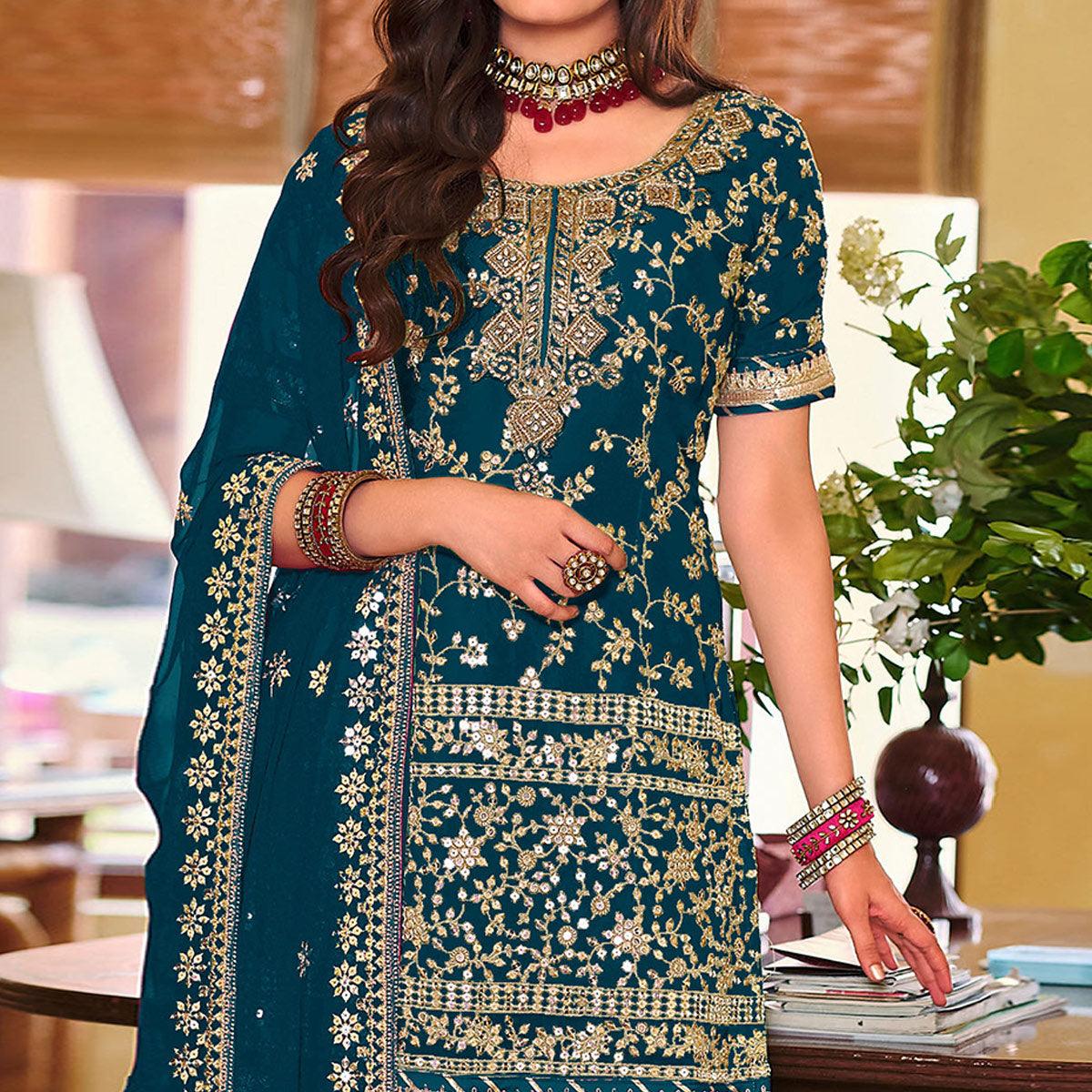 Blue Embellished With Embroidered Georgette Sharara Suit - Peachmode