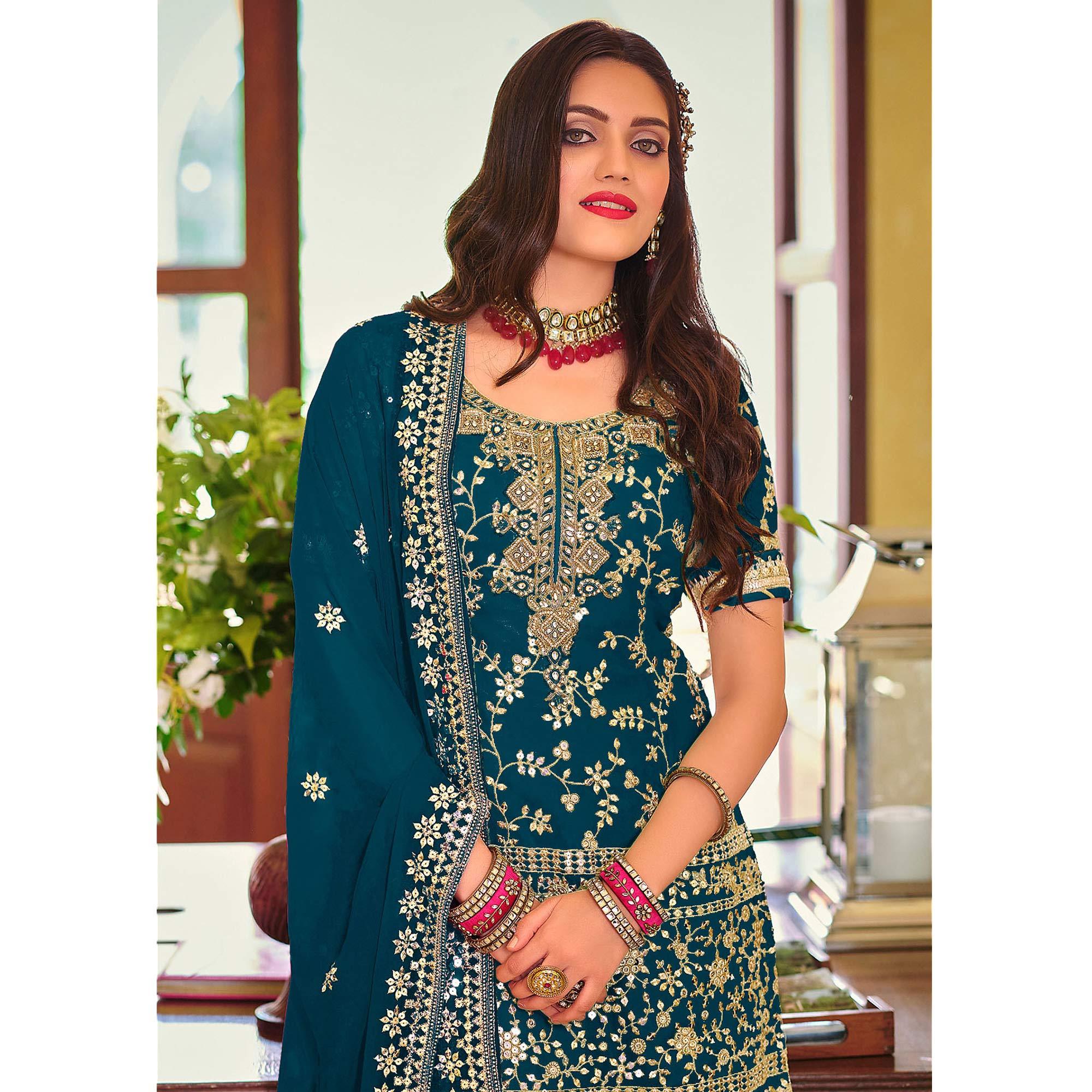 Blue Embellished With Embroidered Georgette Sharara Suit - Peachmode