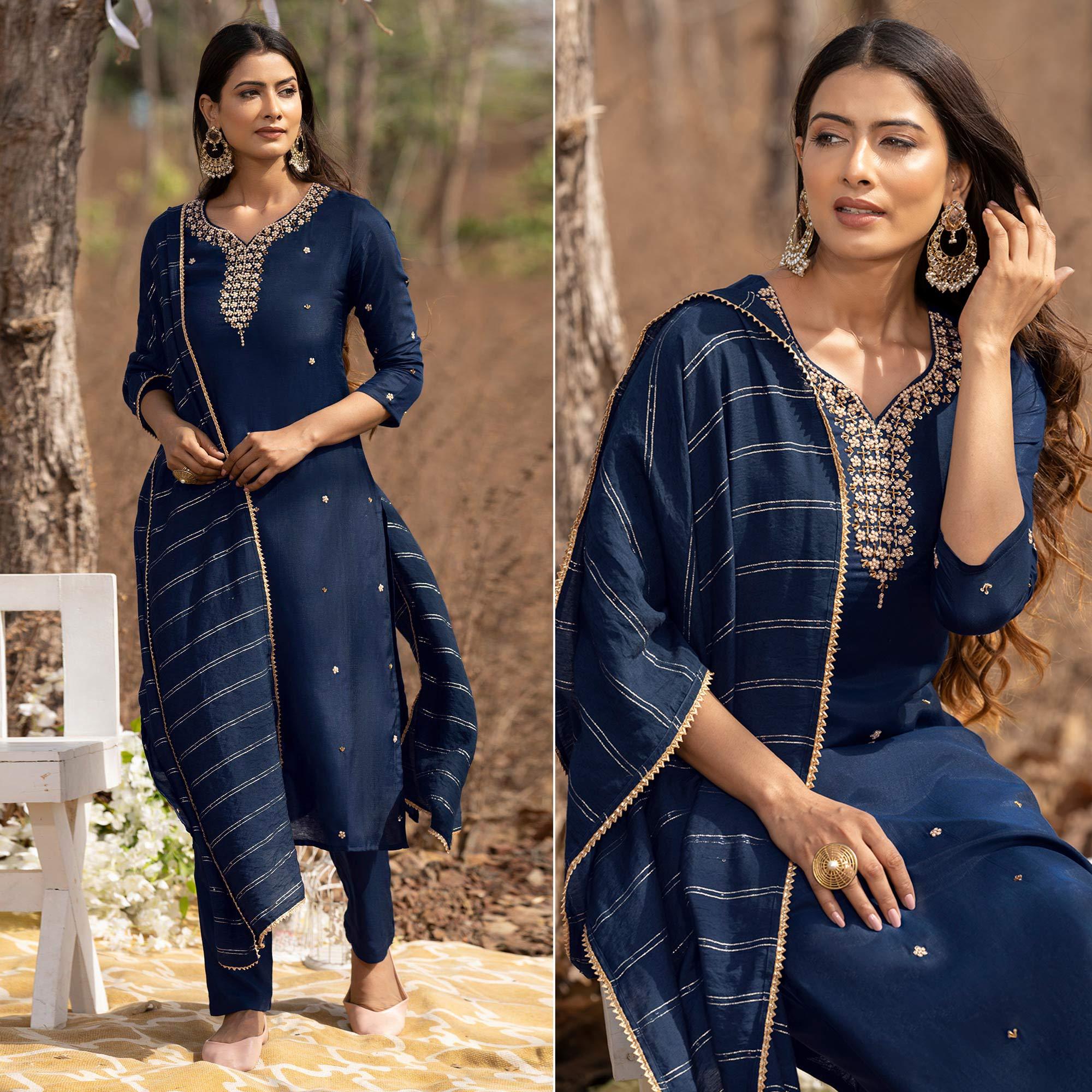 Blue Embellished With Embroidered Muslin Kurti Pant Set With Dupatta - Peachmode