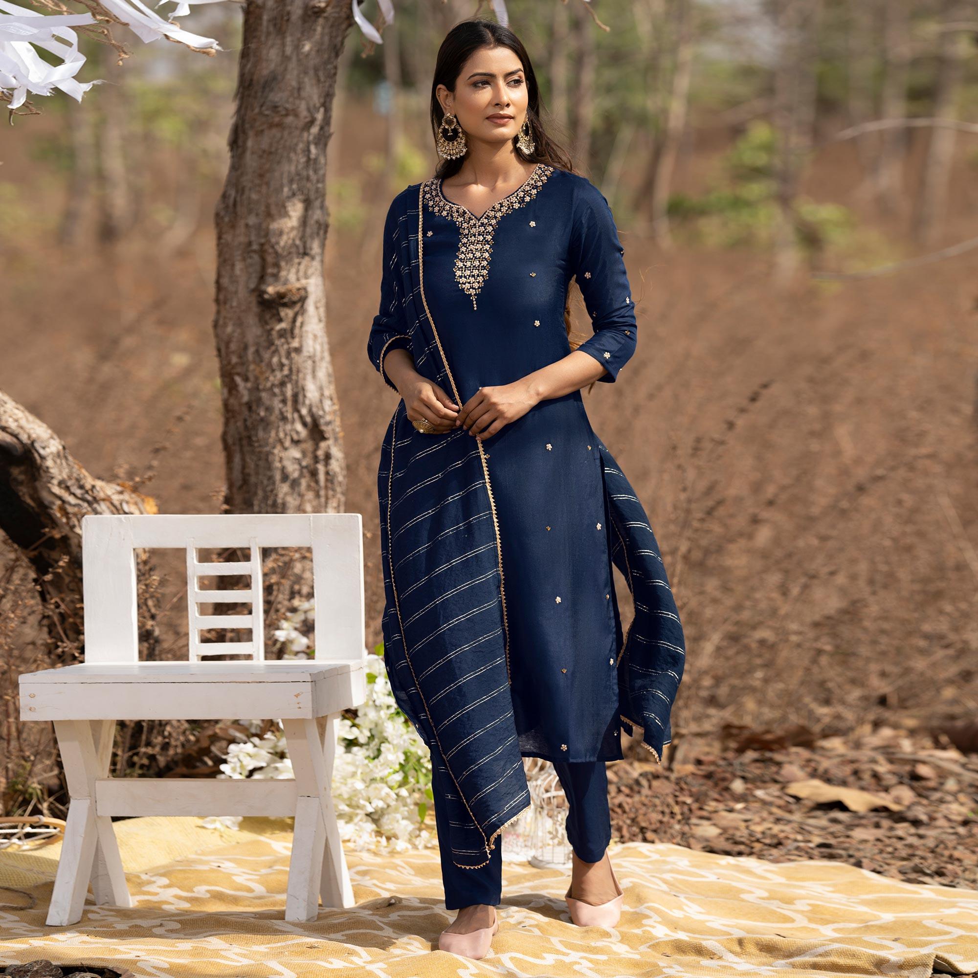 Blue Embellished With Embroidered Muslin Kurti Pant Set With Dupatta - Peachmode