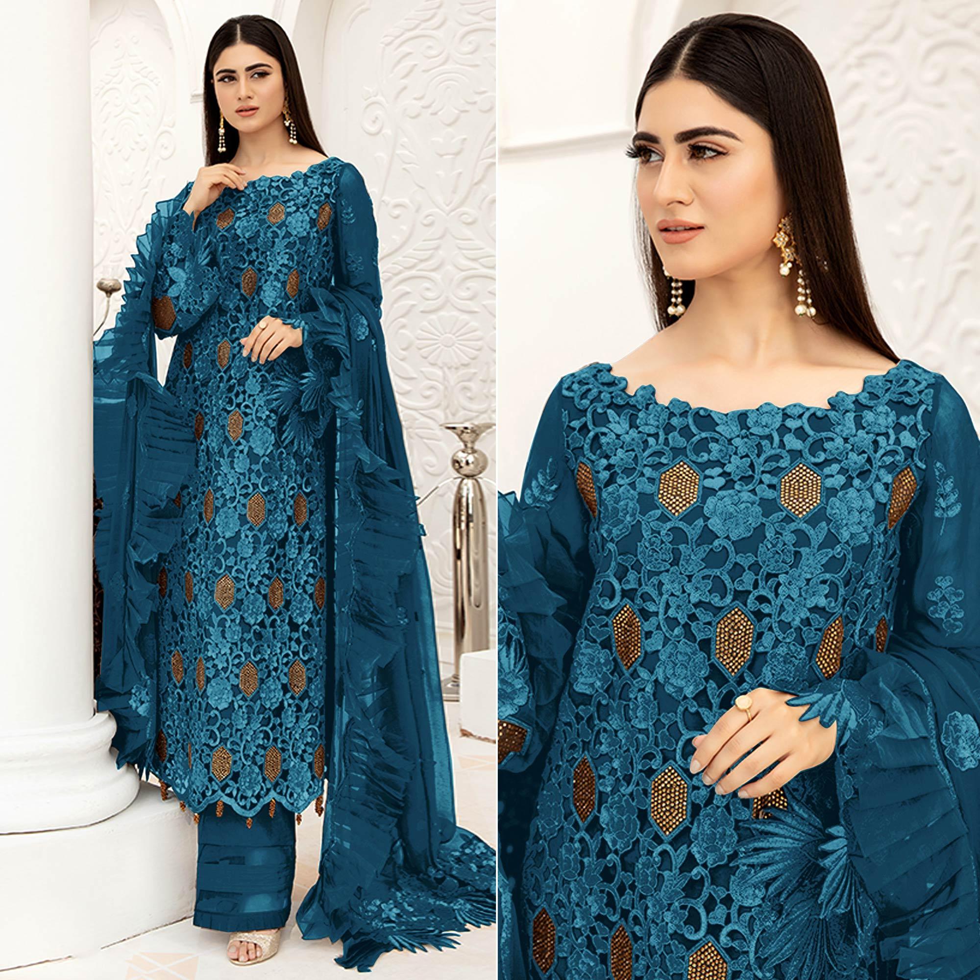 Blue Embellished With Embroidered Net Pakistani Suit - Peachmode