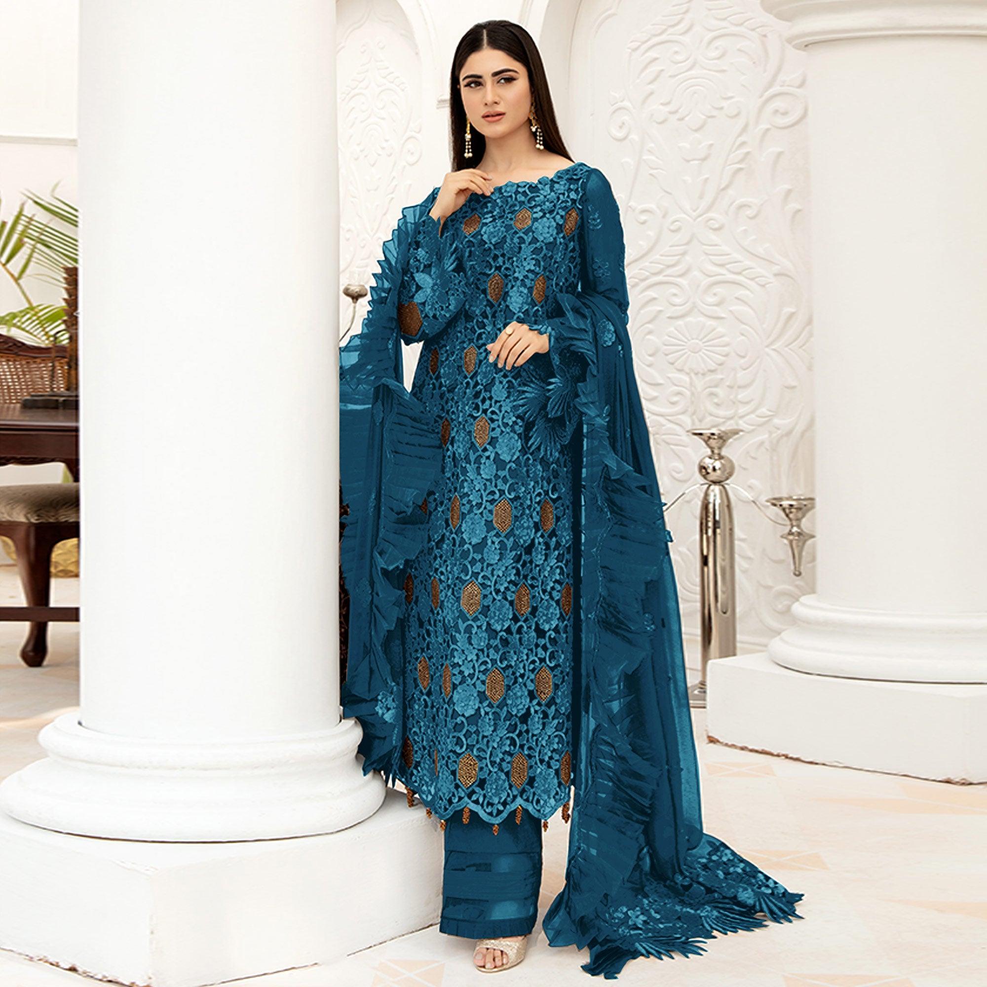 Blue Embellished With Embroidered Net Pakistani Suit - Peachmode