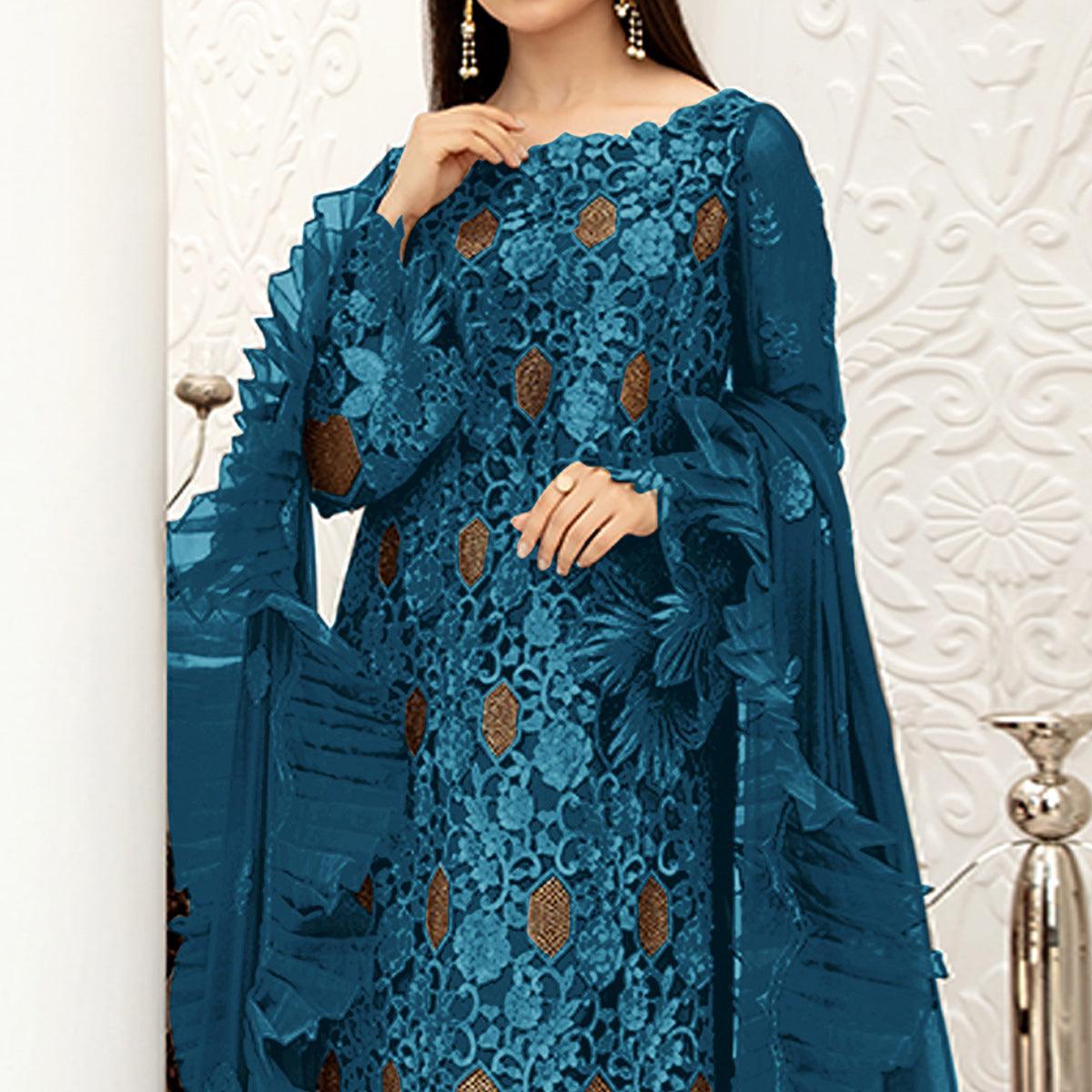 Blue Embellished With Embroidered Net Pakistani Suit - Peachmode