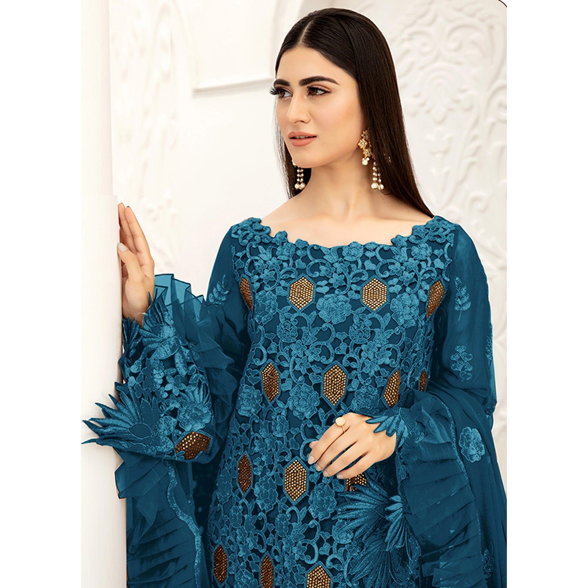 Blue Embellished With Embroidered Net Pakistani Suit - Peachmode