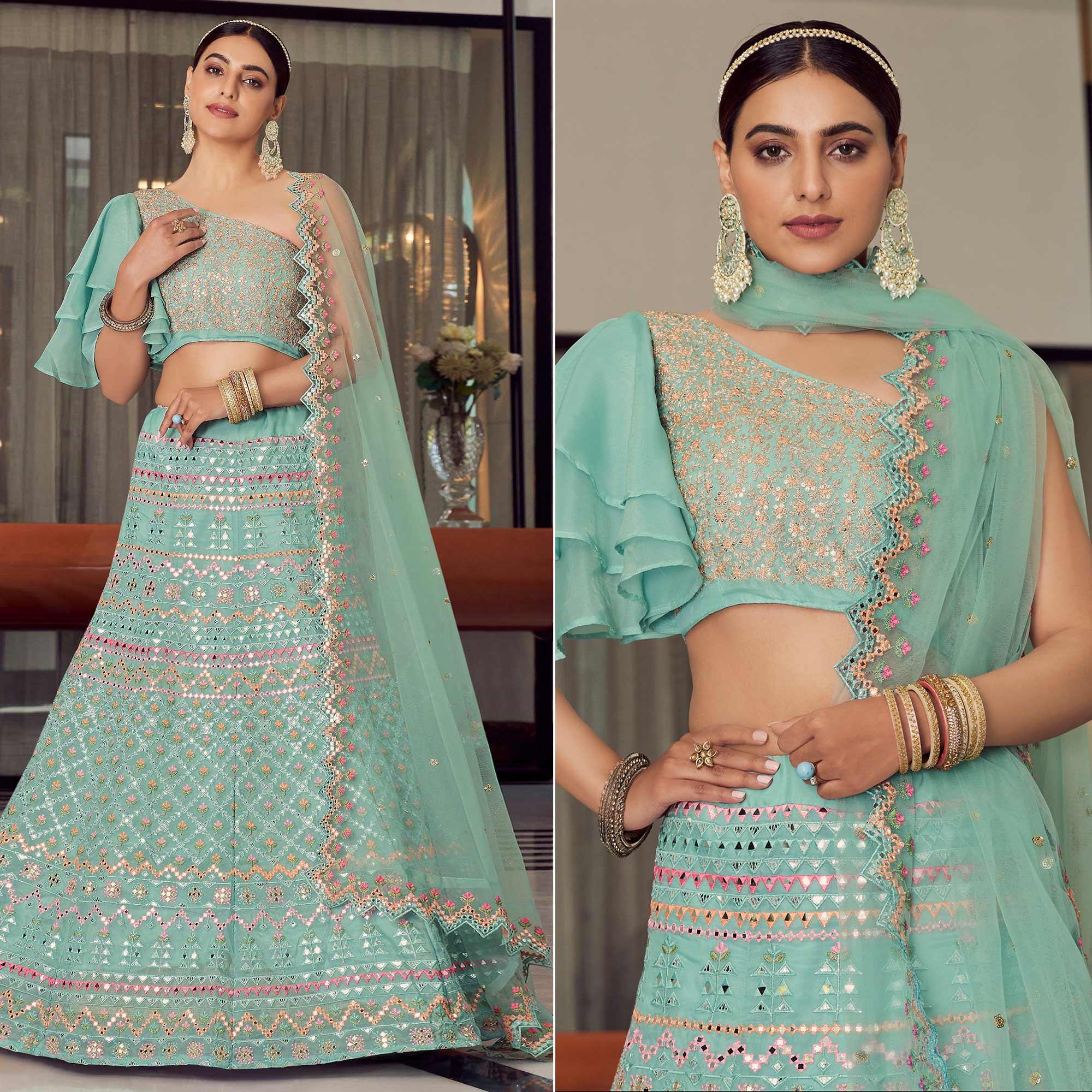 Blue Embellished With Embroidered Organza Lehenga Choli - Peachmode