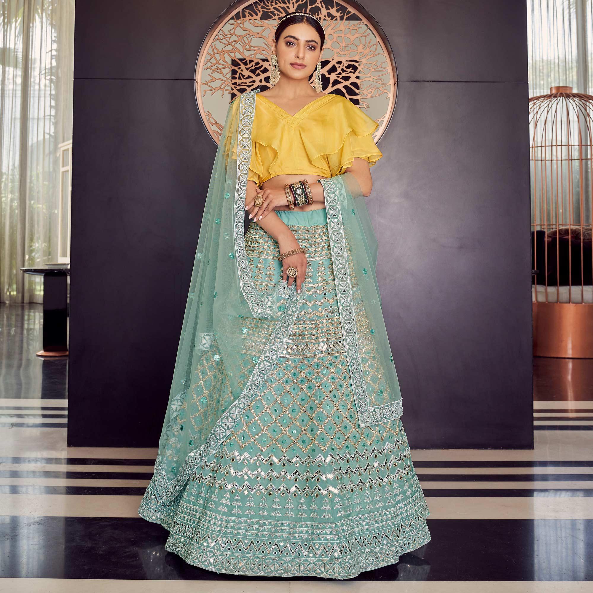 Blue Embellished With Embroidered Organza Lehenga Choli - Peachmode
