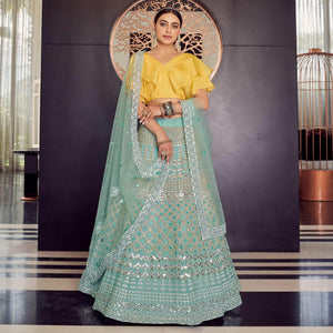 Blue Embellished With Embroidered Organza Lehenga Choli - Peachmode
