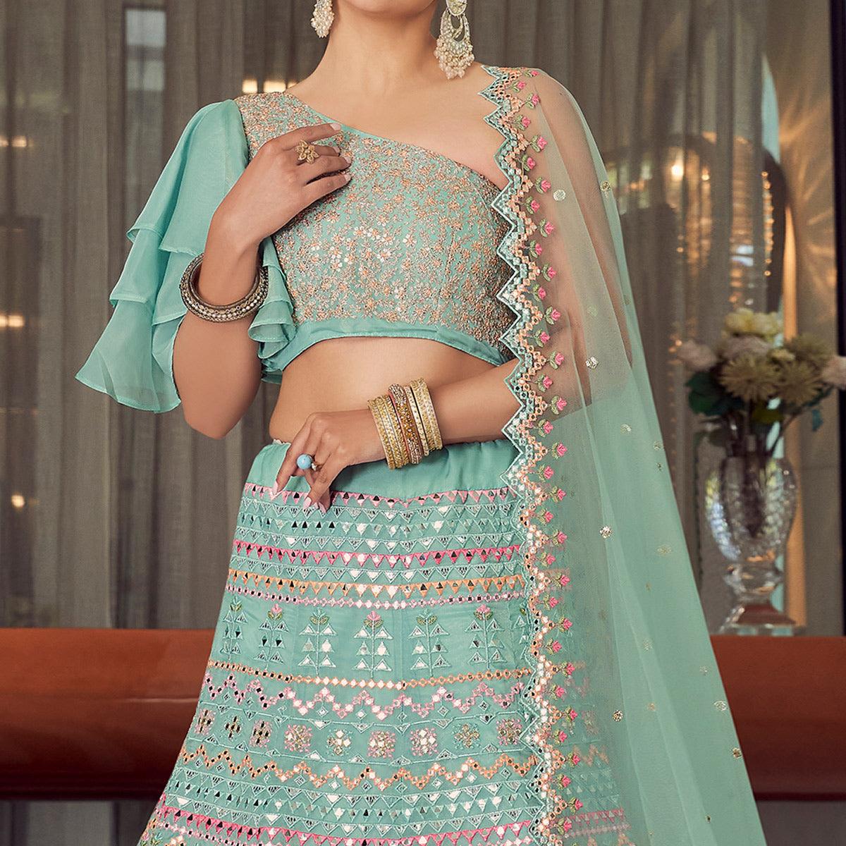 Blue Embellished With Embroidered Organza Lehenga Choli - Peachmode