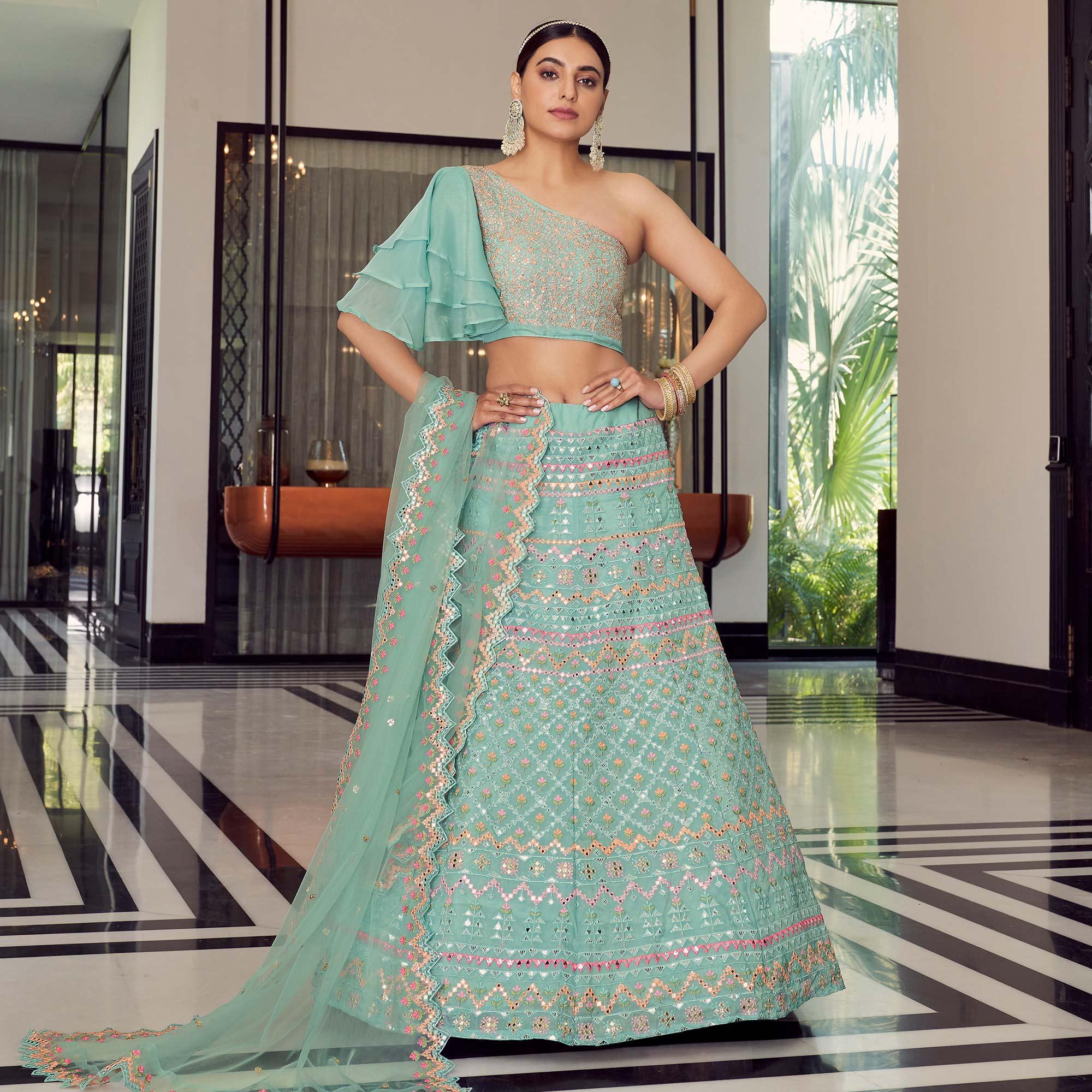 Blue Embellished With Embroidered Organza Lehenga Choli - Peachmode