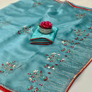Blue Embellished With Embroidered Organza Saree - Peachmode