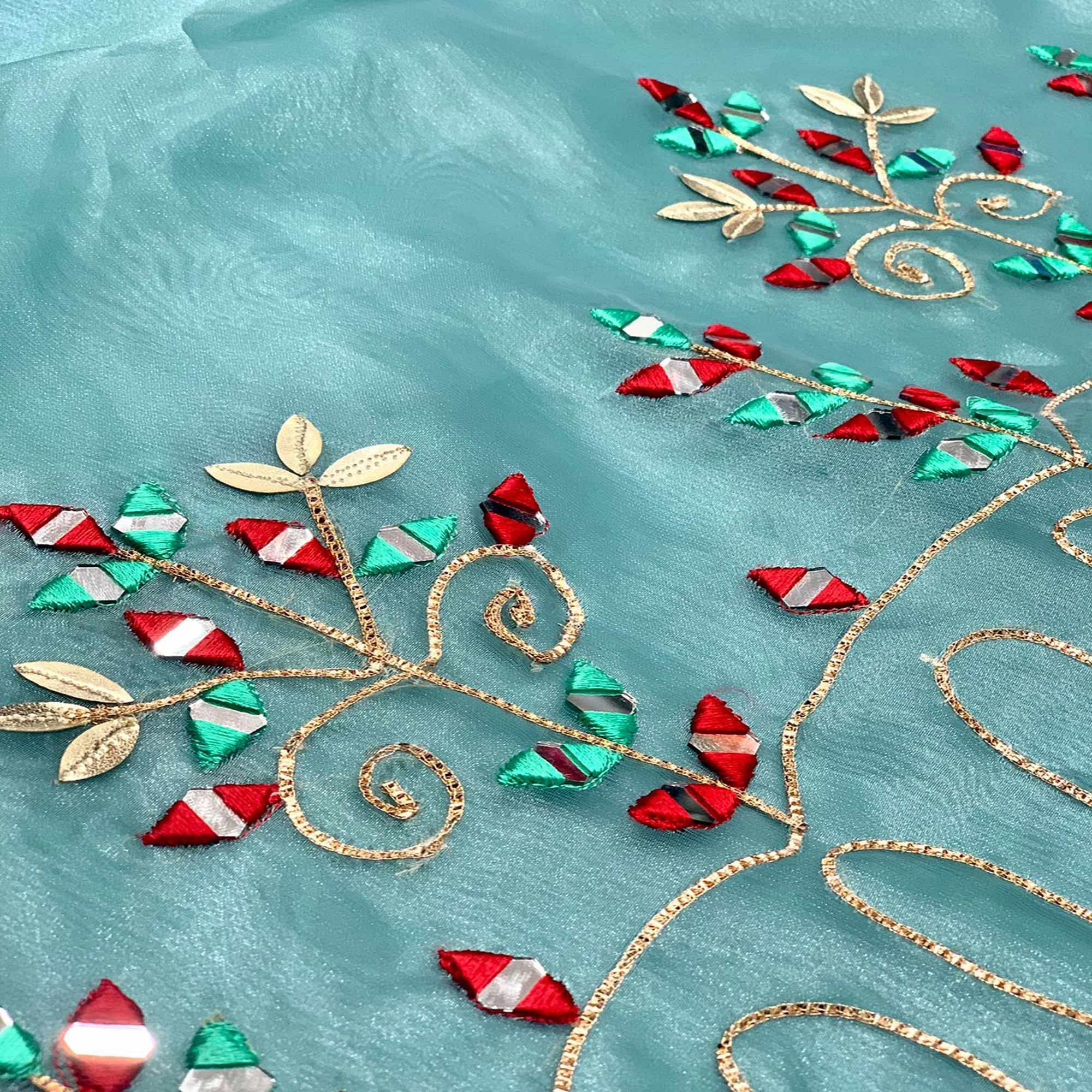 Blue Embellished With Embroidered Organza Saree - Peachmode