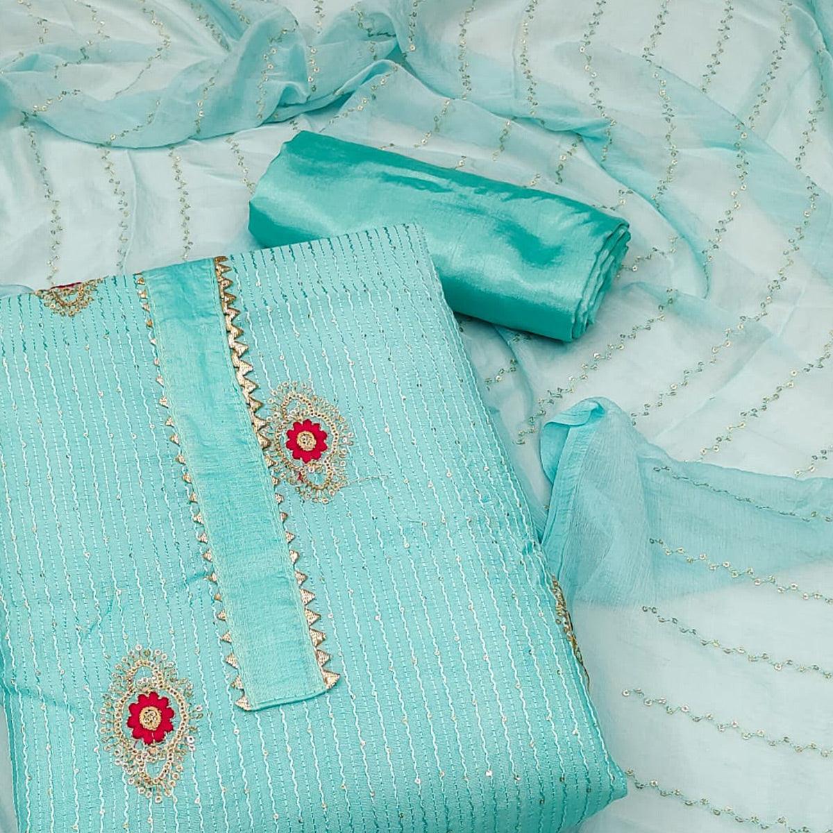 Blue Embellished With Embroidered Poly Cotton Dress Material - Peachmode