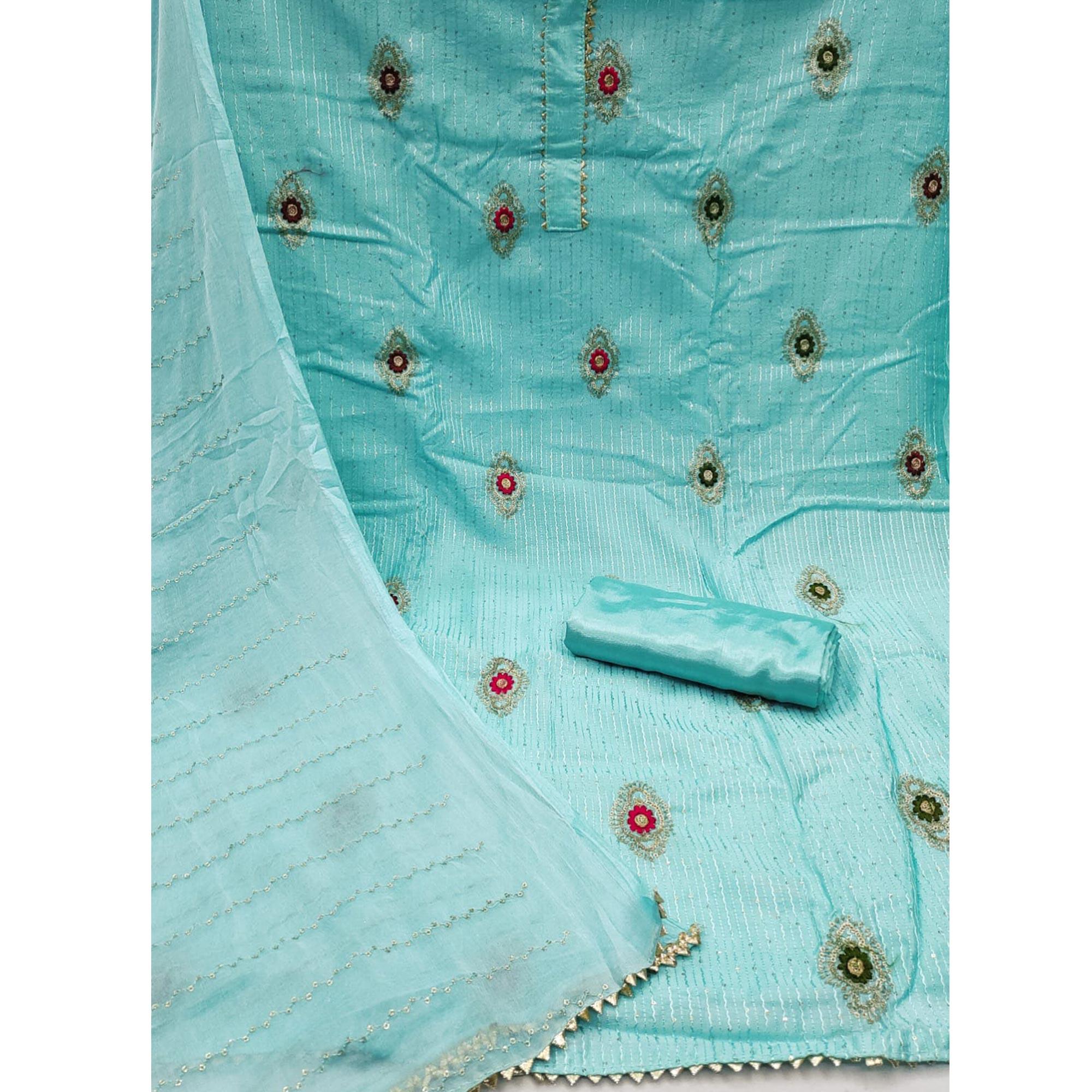 Blue Embellished With Embroidered Poly Cotton Dress Material - Peachmode