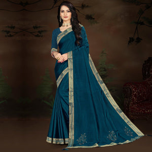Blue Embellished With Embroidered Vichitra Silk Saree - Peachmode