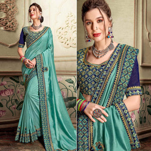 Blue Embellished With Embroidered Vichitra Silk Saree - Peachmode