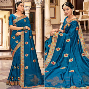 Blue Embellished With Embroidered Vichitra Silk Saree - Peachmode