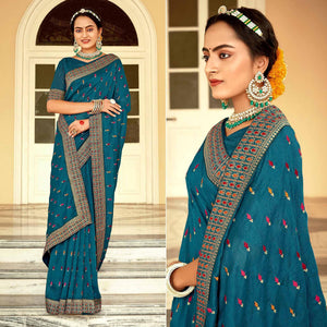 Blue Embellished With Embroidered Vichitra Silk Saree - Peachmode