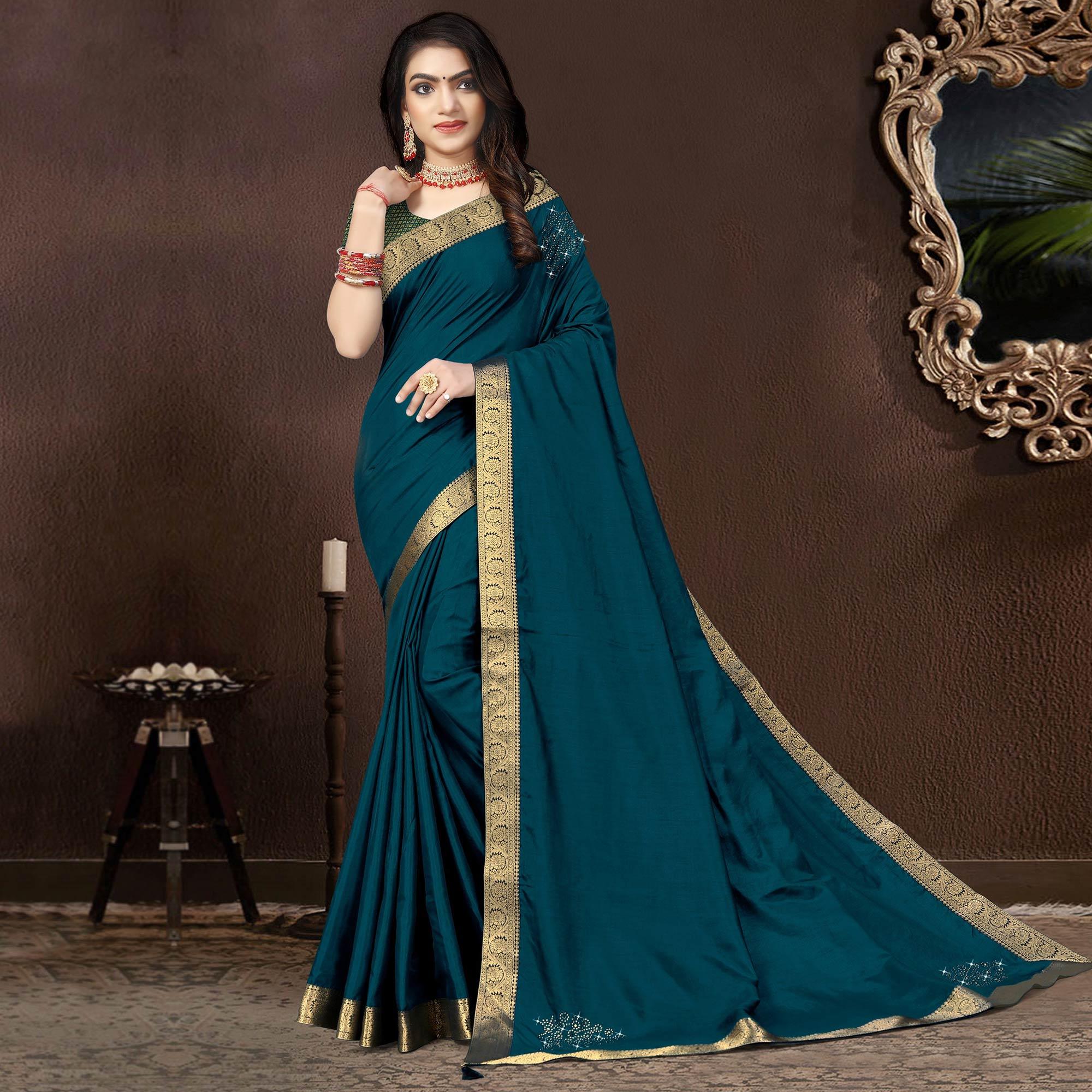 Blue Embellished With Embroidered Vichitra Silk Saree - Peachmode