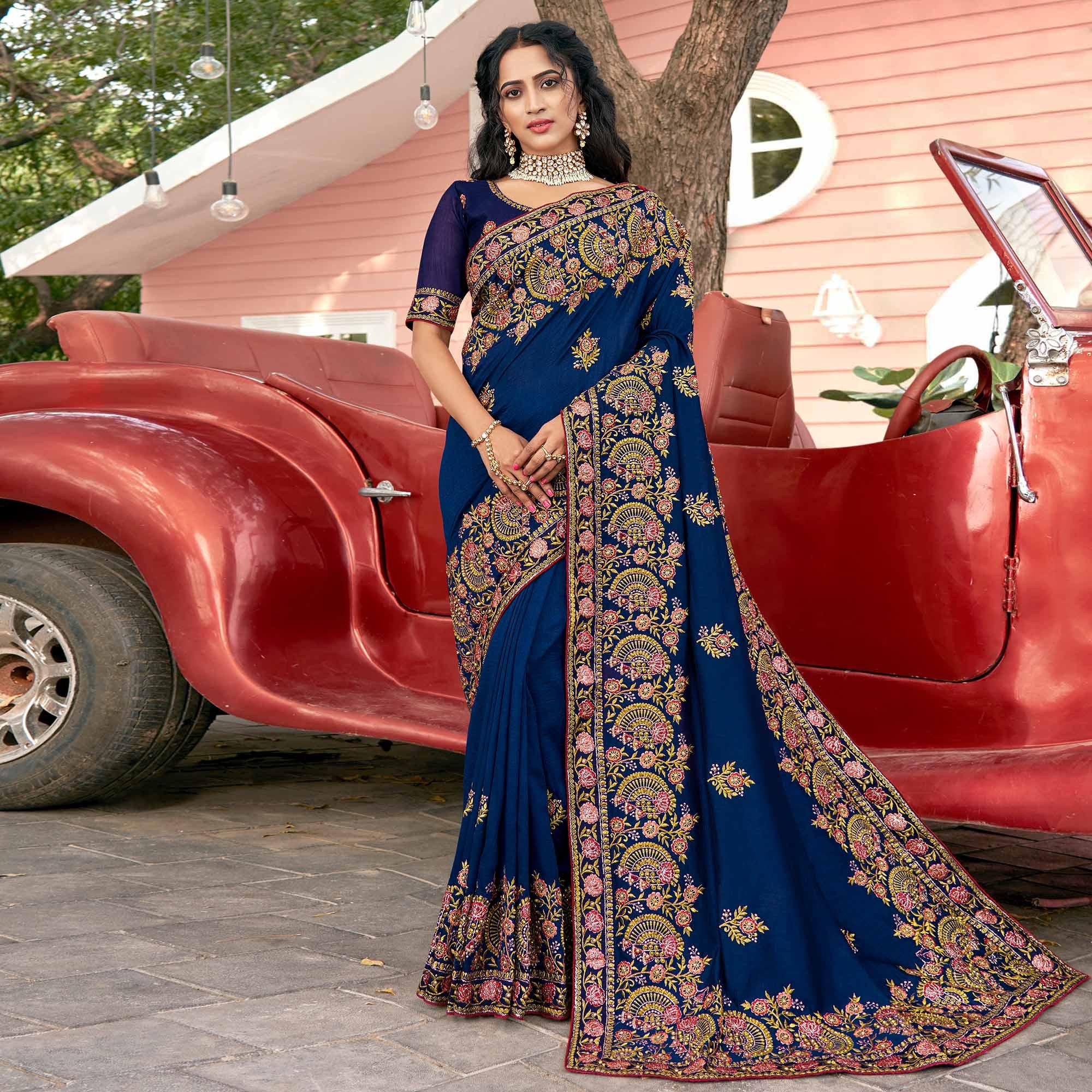 Blue Embellished With Embroidered Vichitra Silk Saree - Peachmode