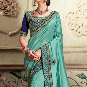 Blue Embellished With Embroidered Vichitra Silk Saree - Peachmode