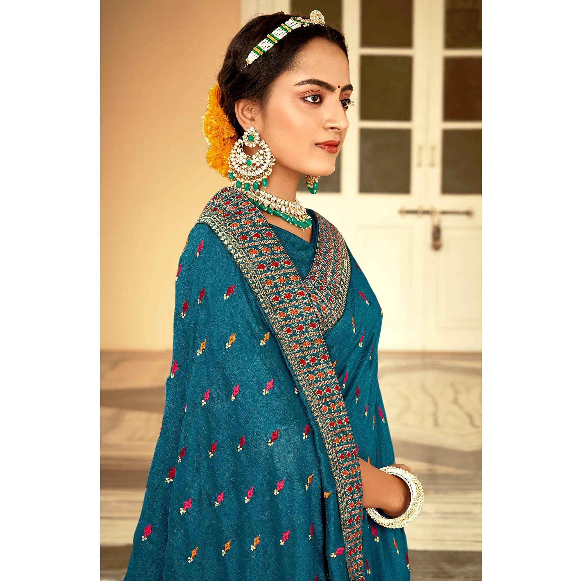 Blue Embellished With Embroidered Vichitra Silk Saree - Peachmode
