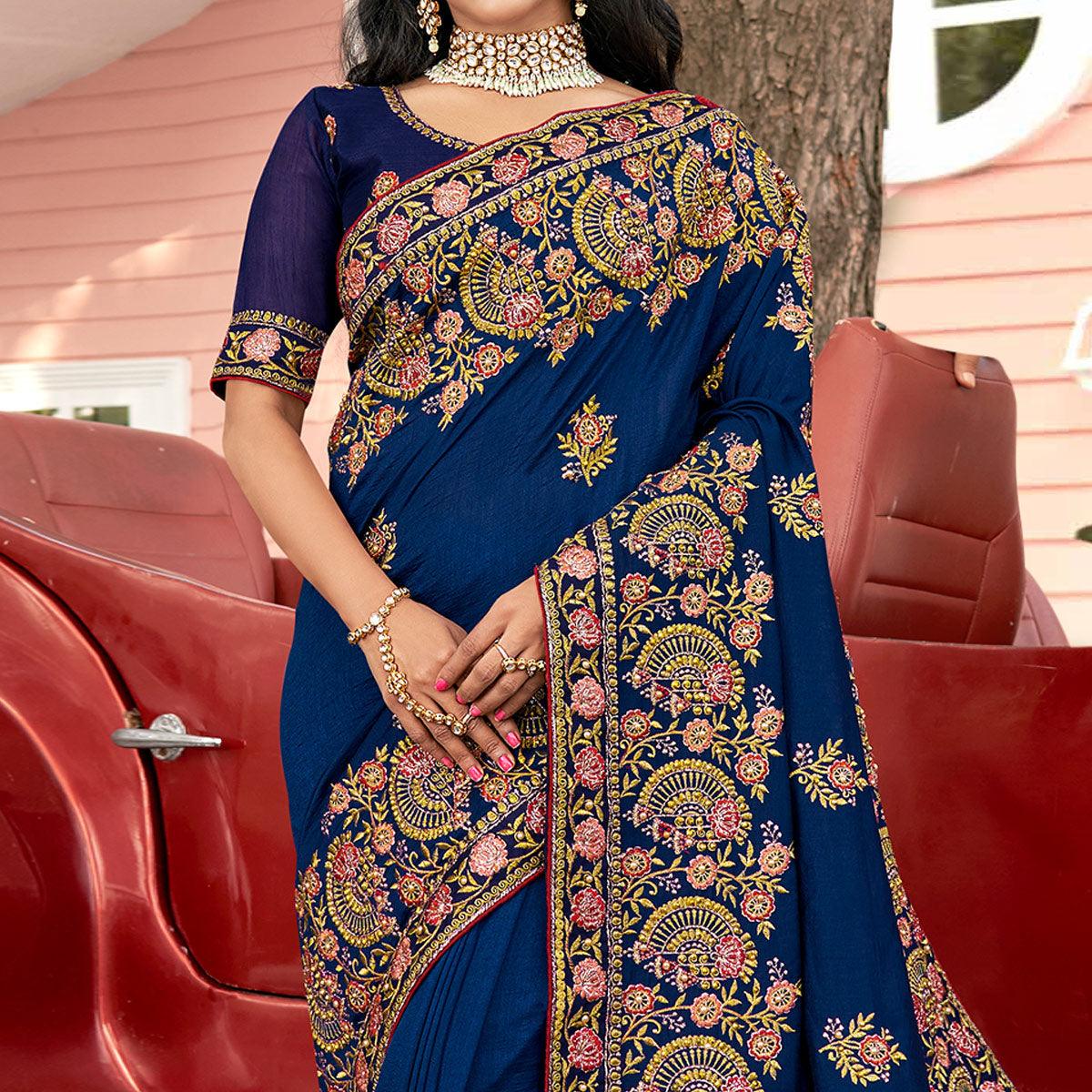 Blue Embellished With Embroidered Vichitra Silk Saree - Peachmode