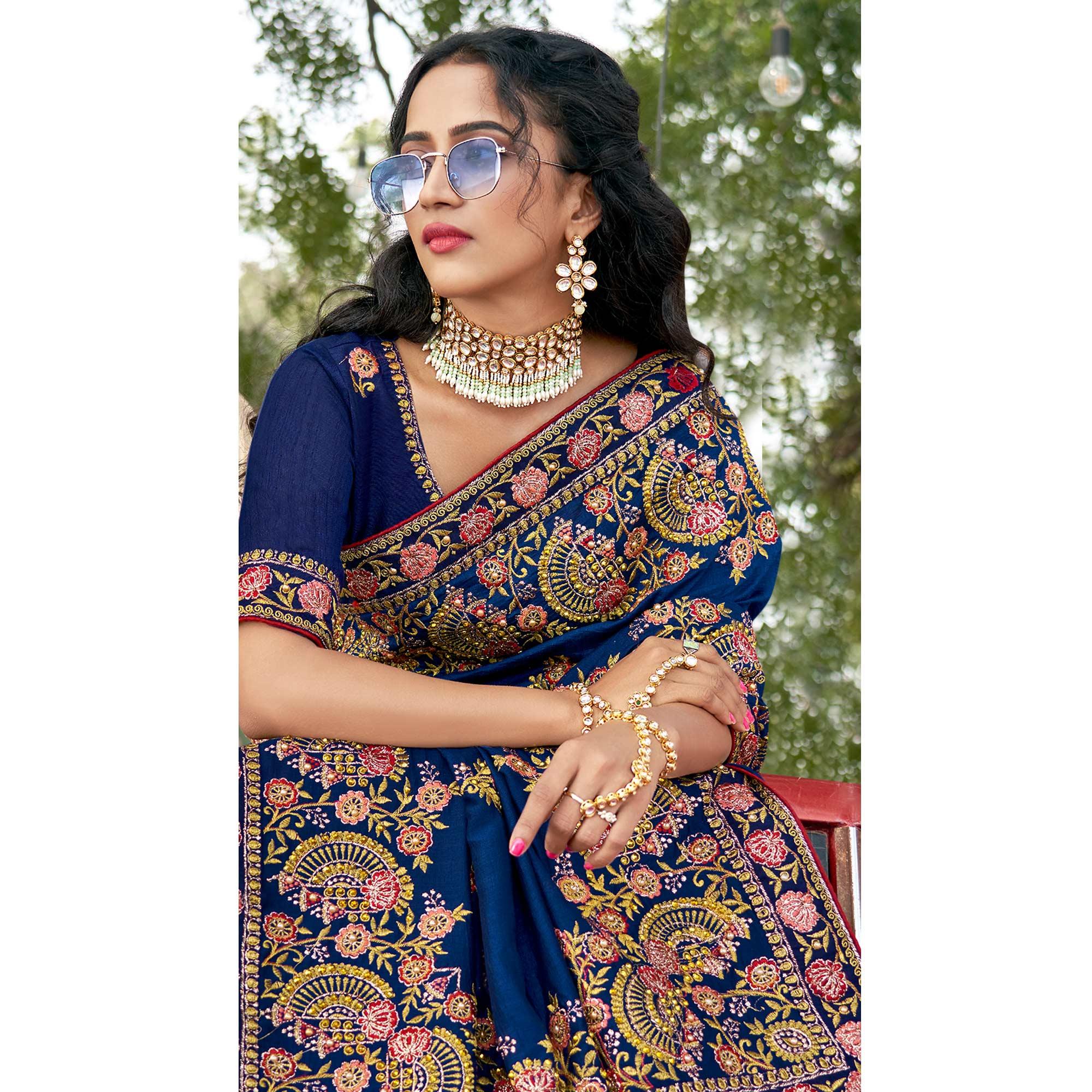 Blue Embellished With Embroidered Vichitra Silk Saree - Peachmode