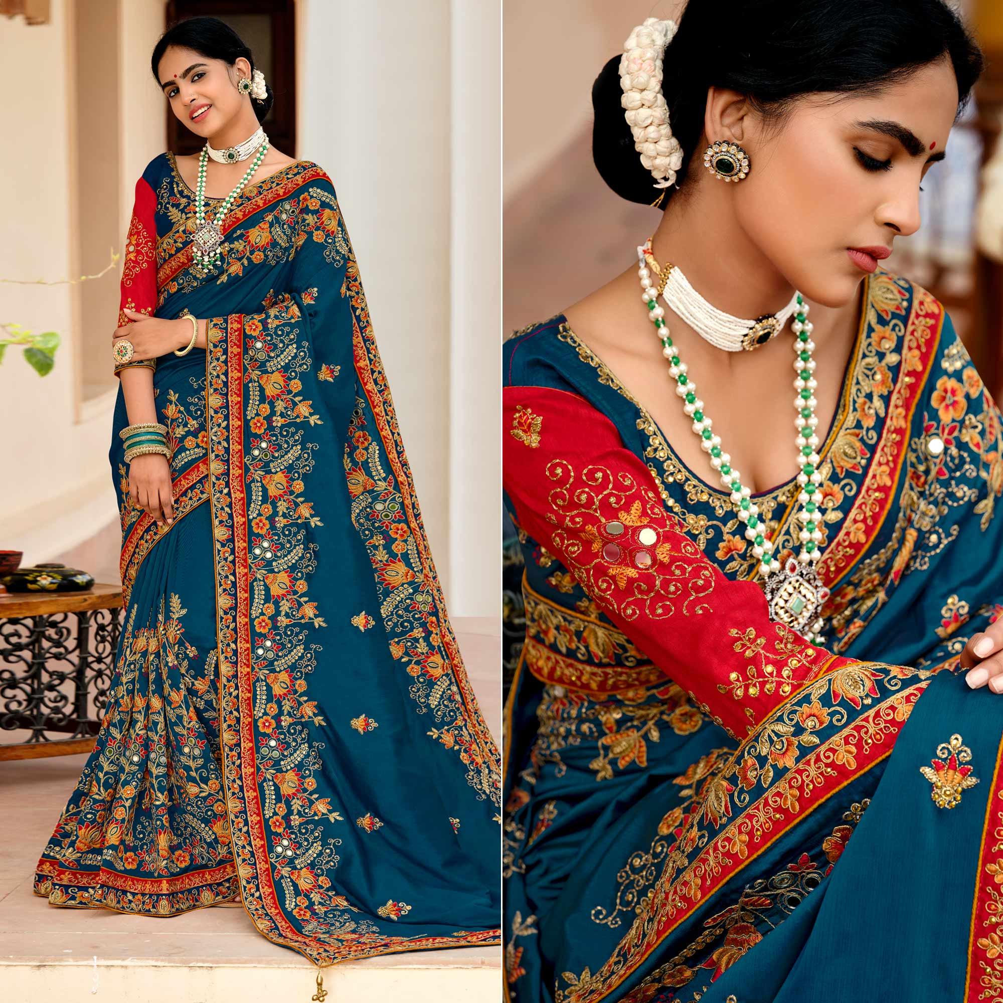 Blue Embellished With Embroidered Vichitra Silk Saree With Tassels - Peachmode
