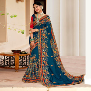 Blue Embellished With Embroidered Vichitra Silk Saree With Tassels - Peachmode