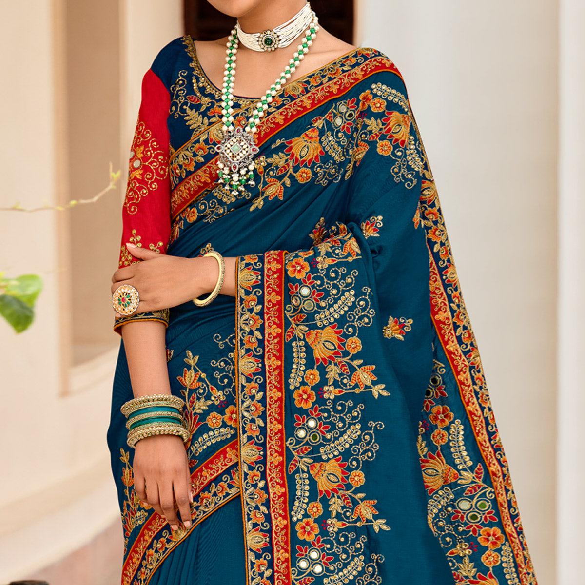 Blue Embellished With Embroidered Vichitra Silk Saree With Tassels - Peachmode