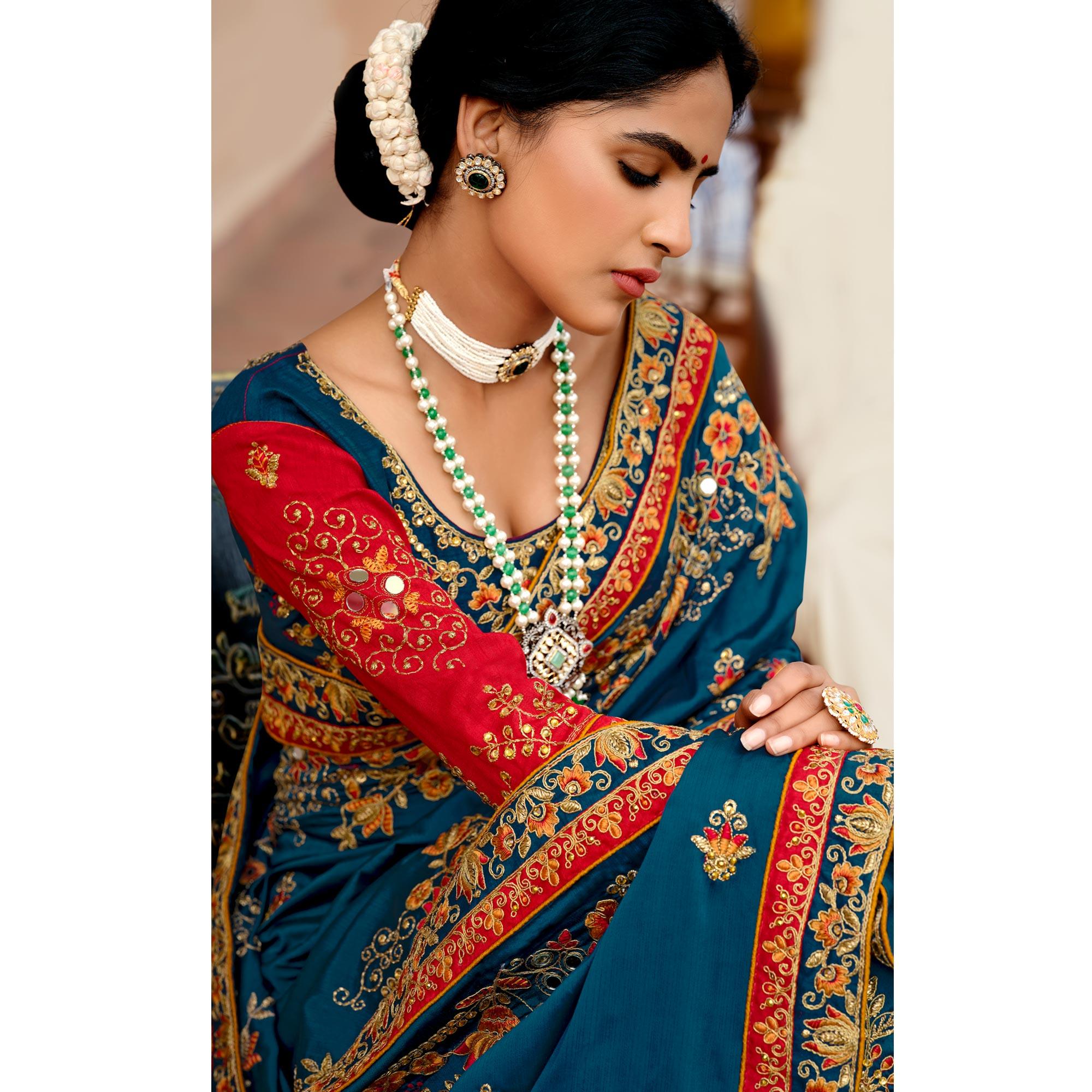 Blue Embellished With Embroidered Vichitra Silk Saree With Tassels - Peachmode