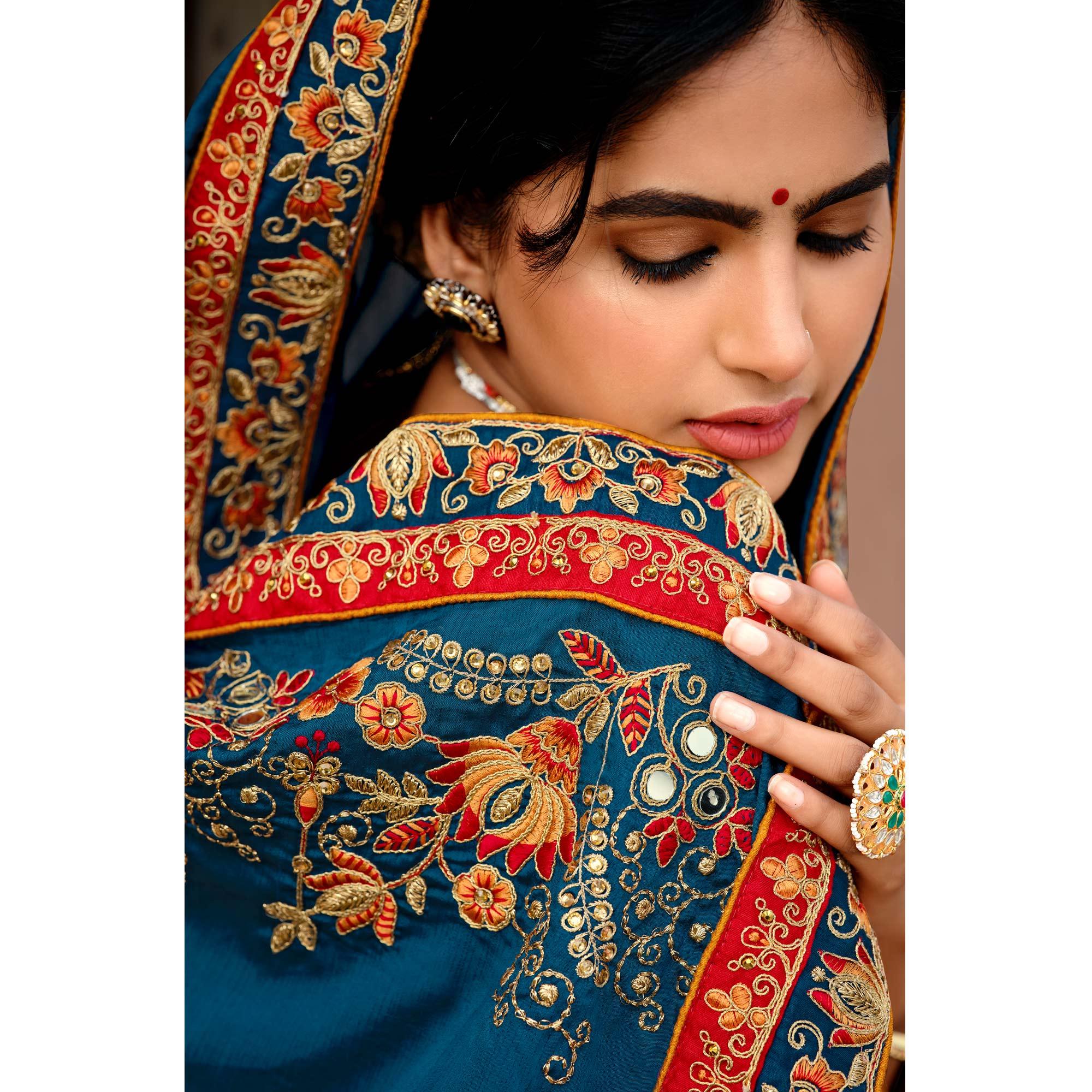 Blue Embellished With Embroidered Vichitra Silk Saree With Tassels - Peachmode