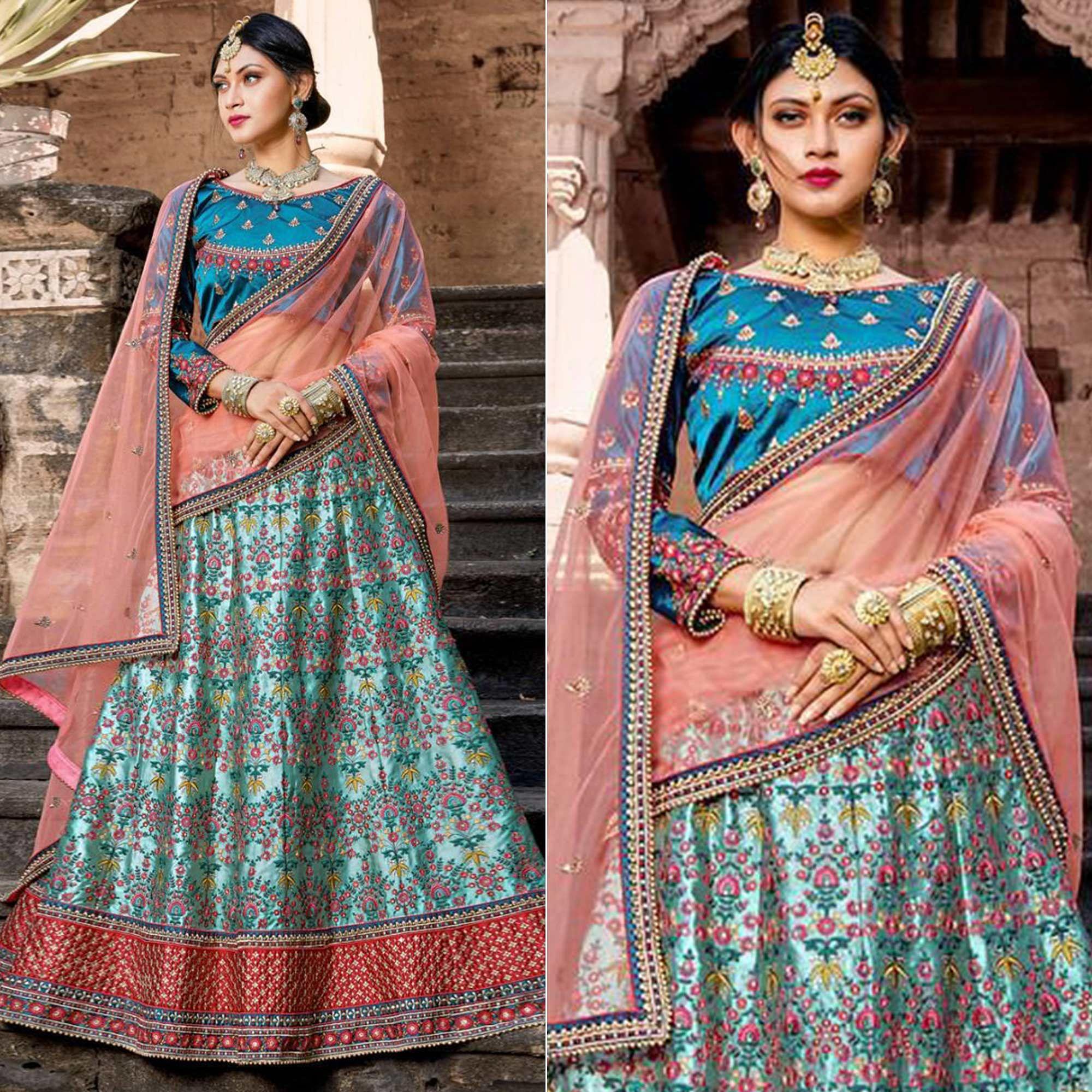 Blue Embellished With Printed Satin Lehenga Choli - Peachmode