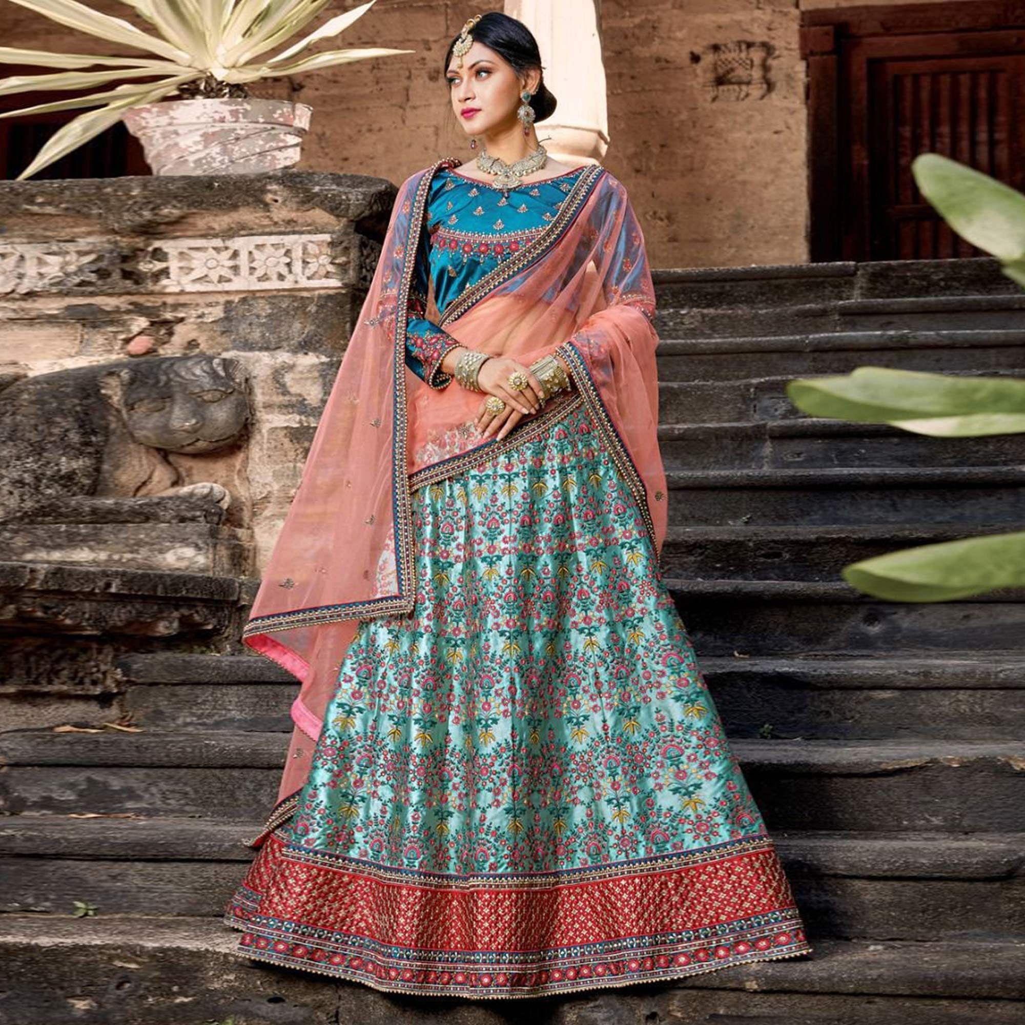 Blue Embellished With Printed Satin Lehenga Choli - Peachmode