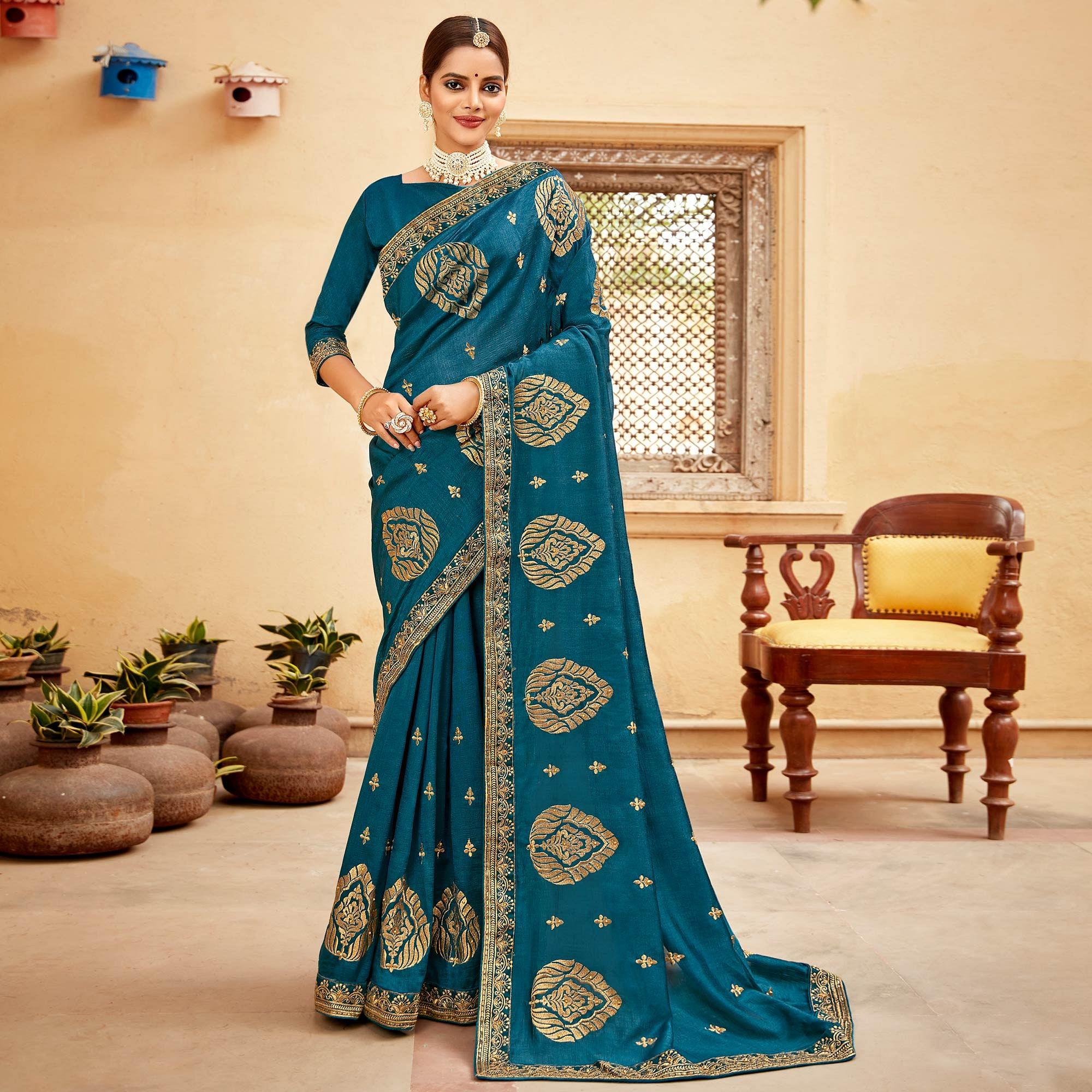 Blue Embellished With Woven Vichitra Silk Saree - Peachmode