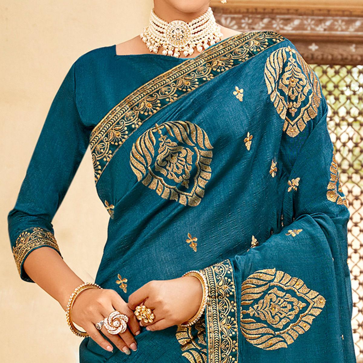 Blue Embellished With Woven Vichitra Silk Saree - Peachmode