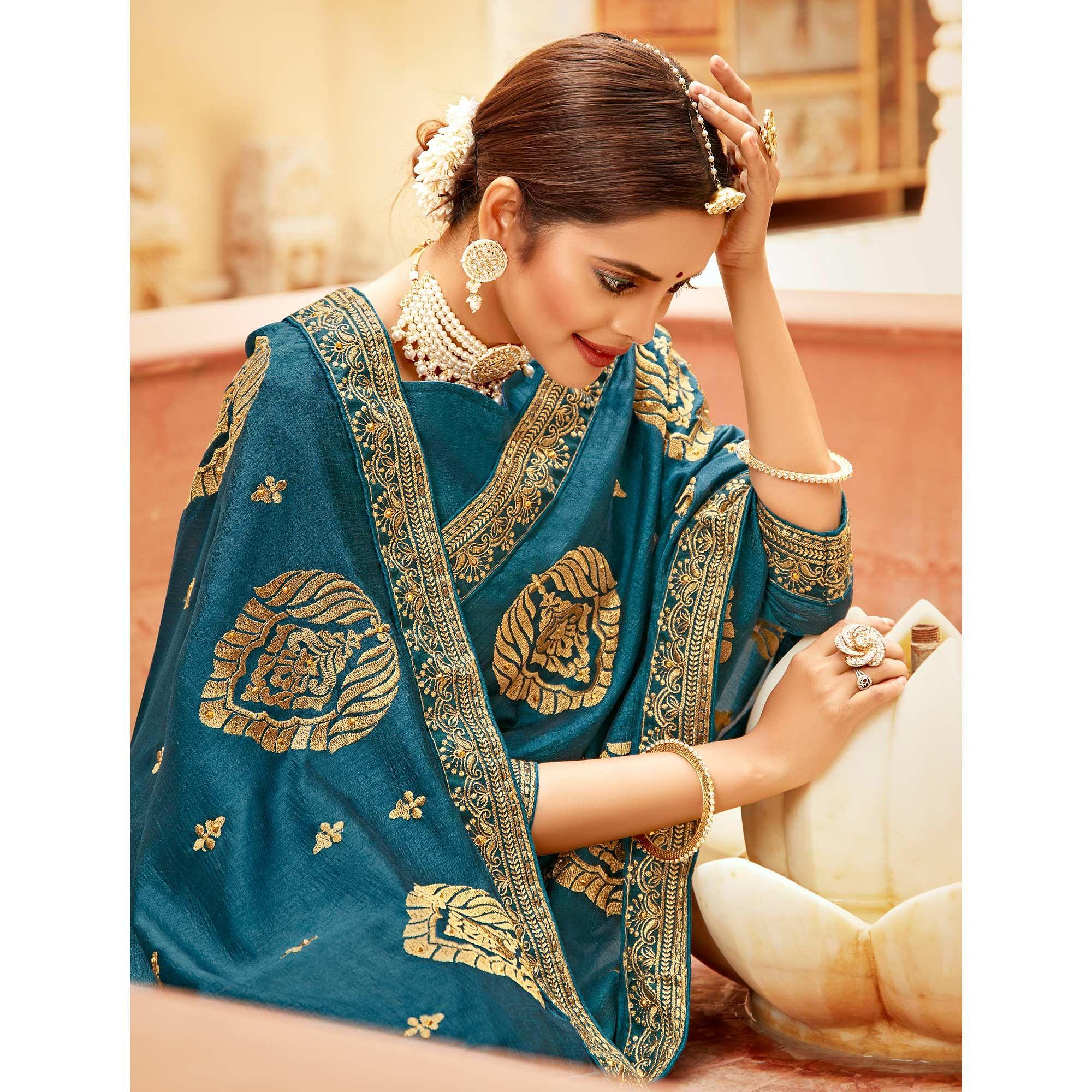 Blue Embellished With Woven Vichitra Silk Saree - Peachmode