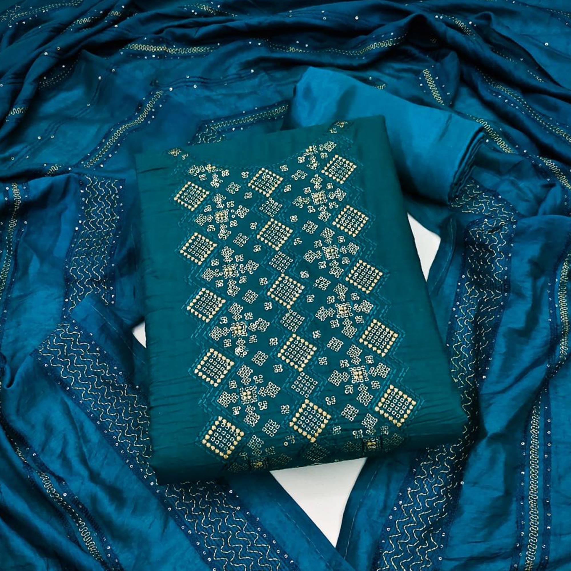 Blue Embroidered Art Silk Dress Material