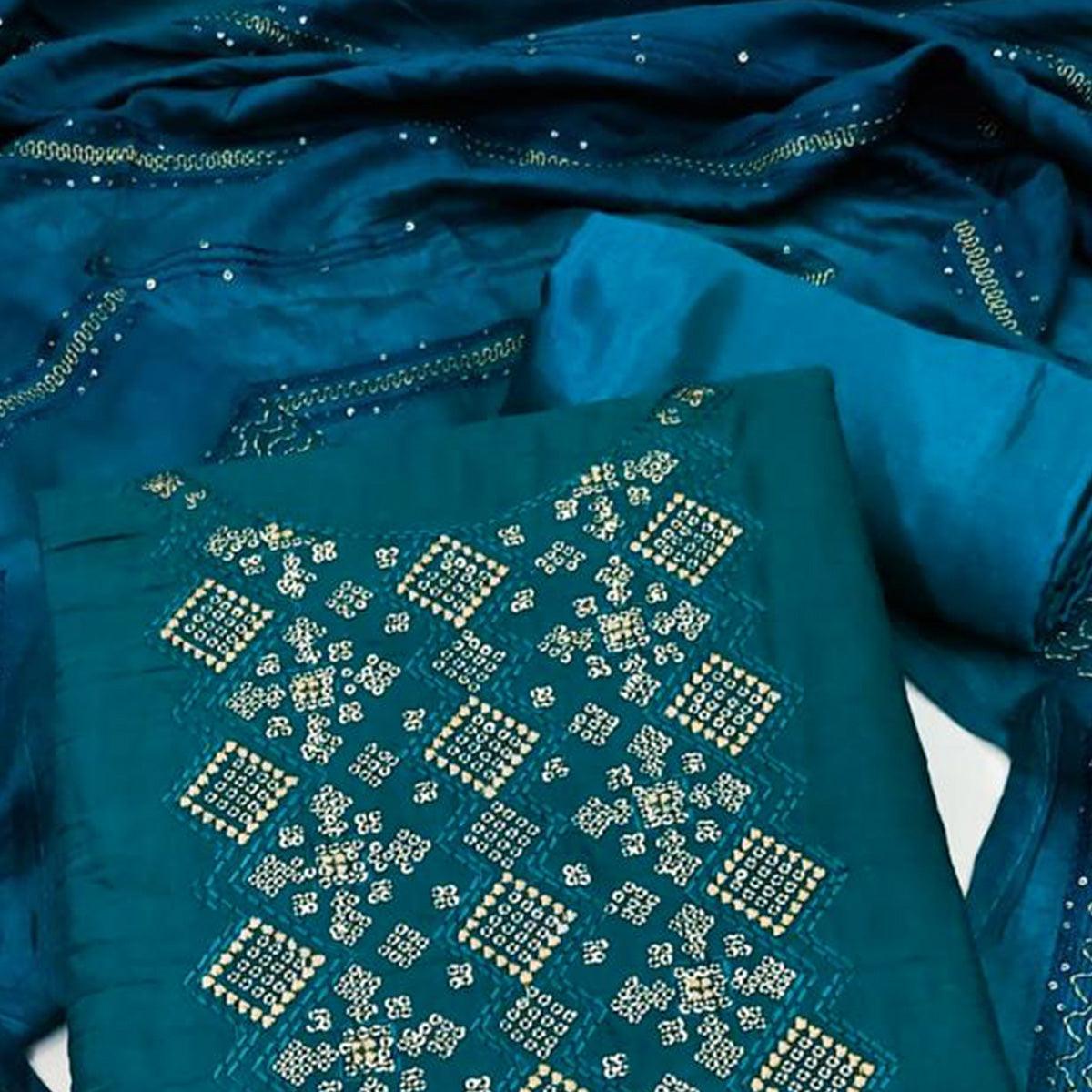 Blue Embroidered Art Silk Dress Material - Peachmode