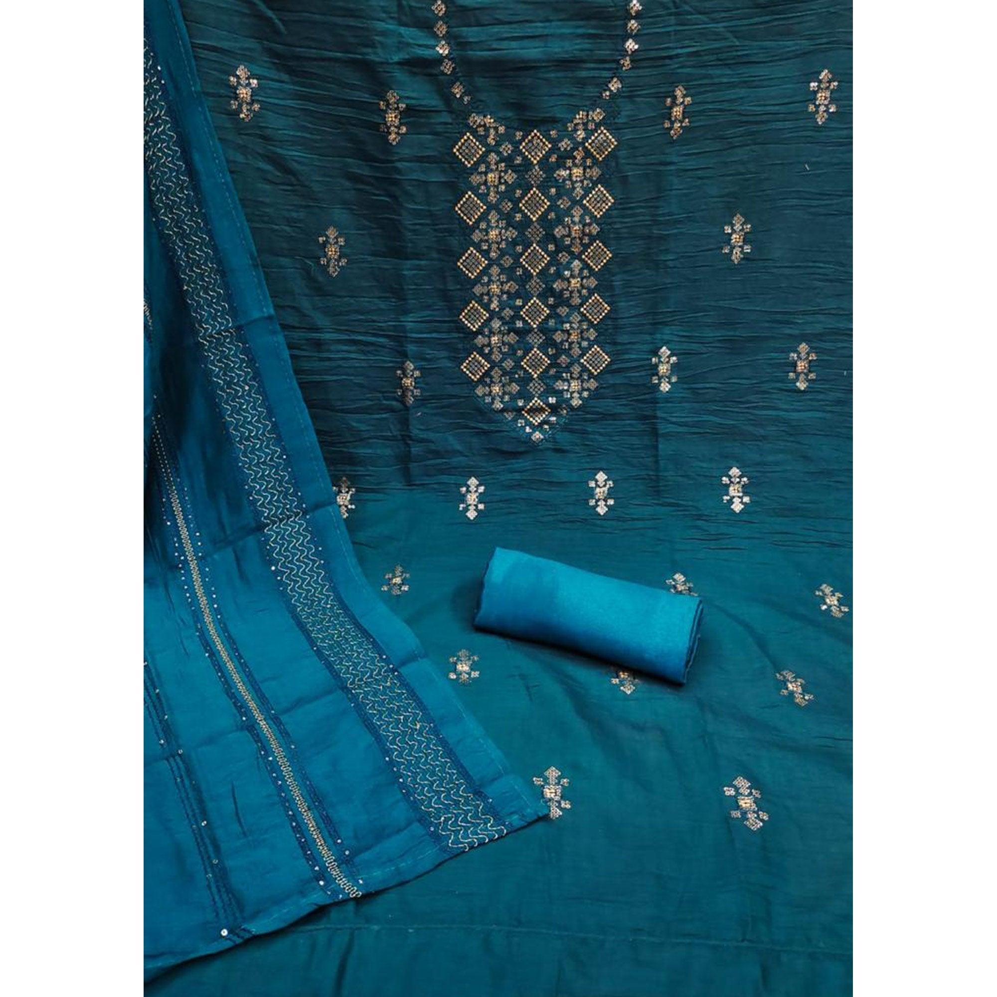 Blue Embroidered Art Silk Dress Material - Peachmode