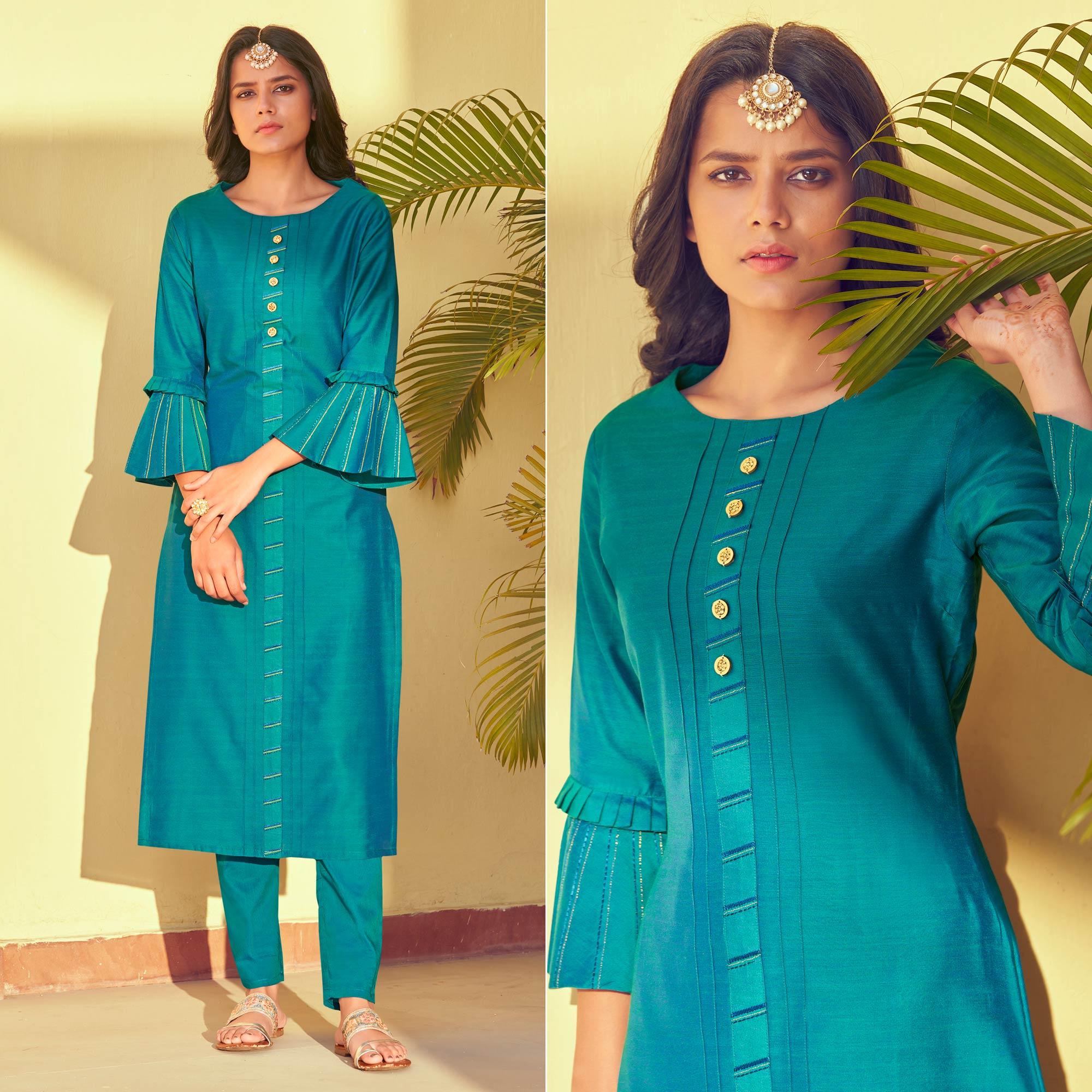 Blue Embroidered Art Silk Kurti Pant Set - Peachmode