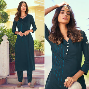 Blue Embroidered Art Silk Kurti Pant Set - Peachmode