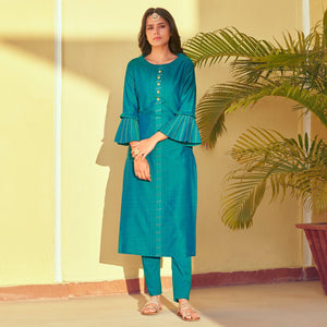 Blue Embroidered Art Silk Kurti Pant Set - Peachmode