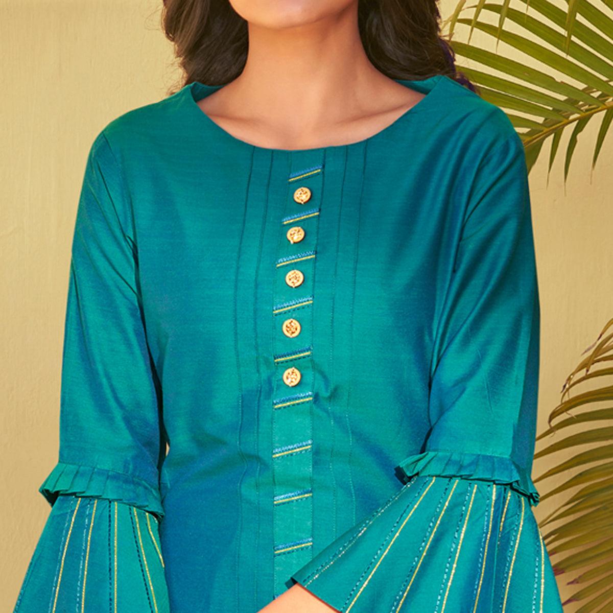 Blue Embroidered Art Silk Kurti Pant Set - Peachmode