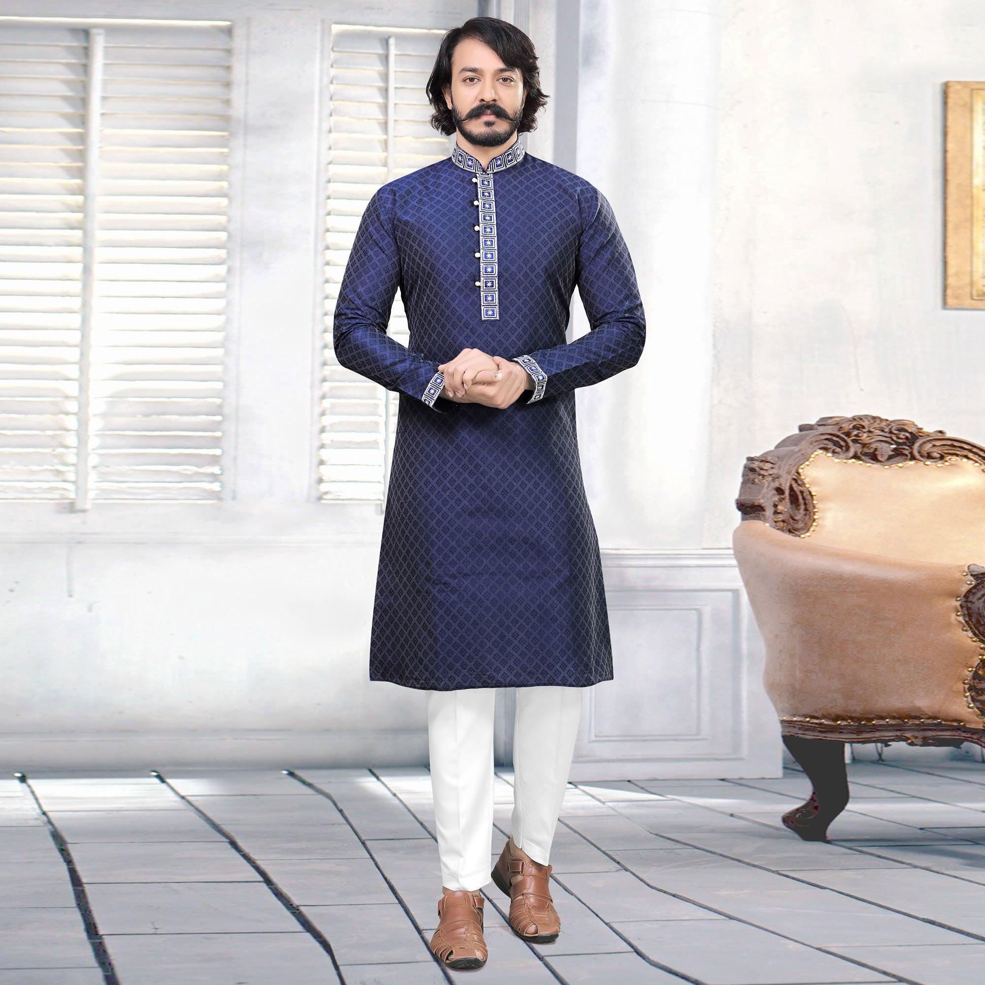 Blue Embroidered Art Silk Mens's Kurta Pyjama Set - Peachmode