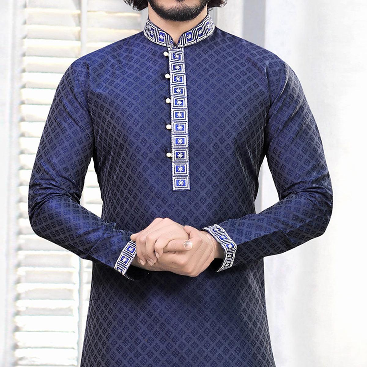 Blue Embroidered Art Silk Mens's Kurta Pyjama Set - Peachmode