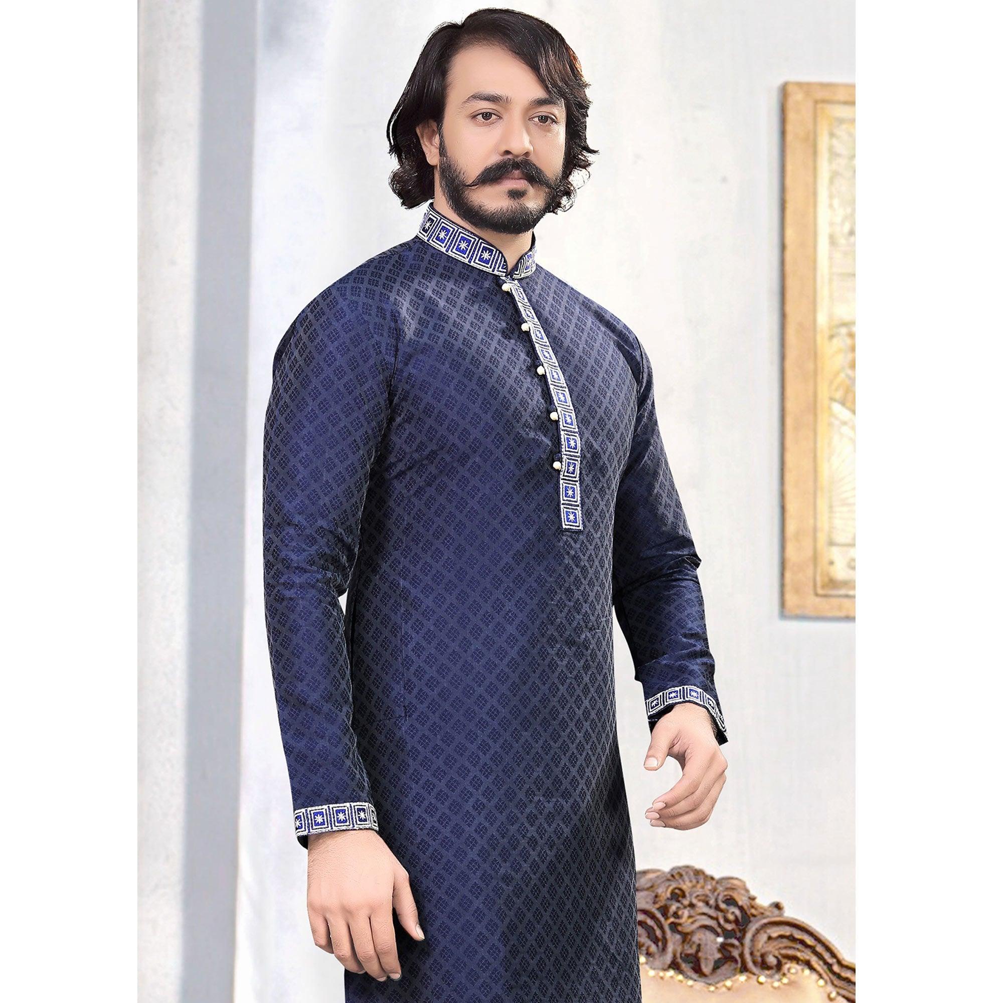 Blue Embroidered Art Silk Mens's Kurta Pyjama Set - Peachmode