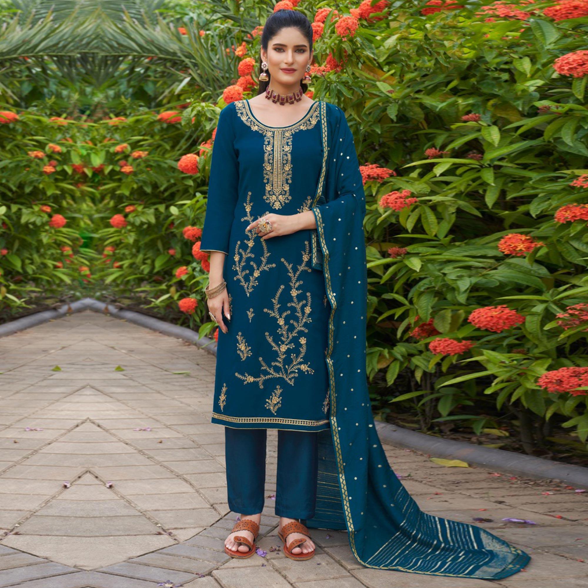 Blue Embroidered Art Silk Salwar Suit - Peachmode