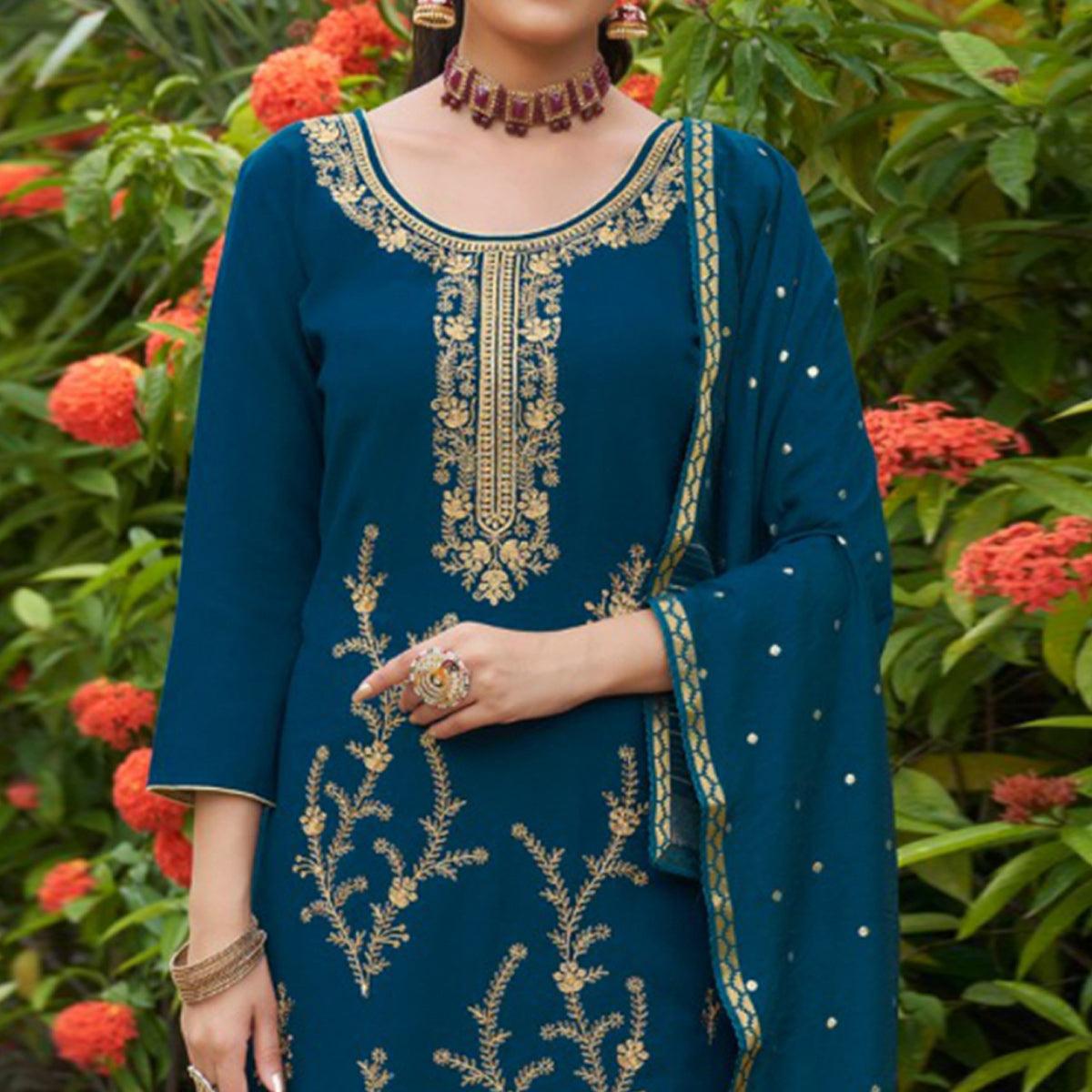 Blue Embroidered Art Silk Salwar Suit - Peachmode