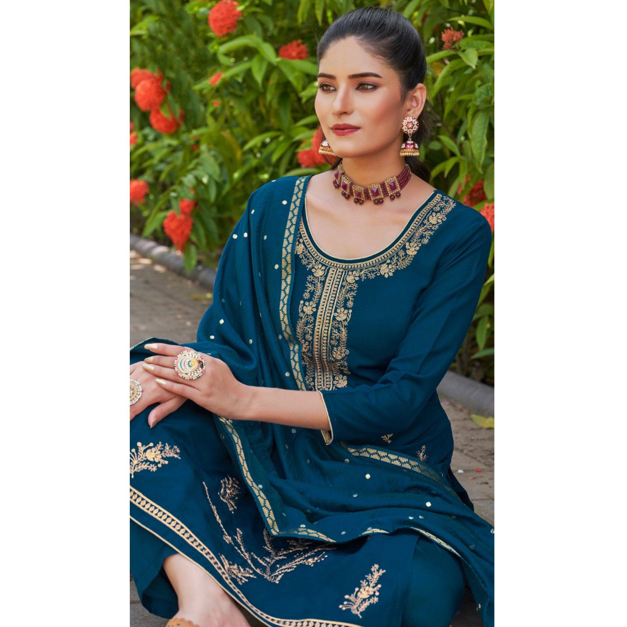 Blue Embroidered Art Silk Salwar Suit - Peachmode